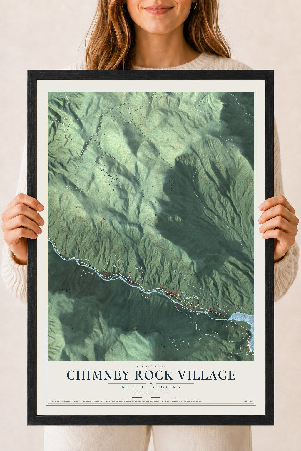 Map of Chimney Rock Village, North Carolina, 18 x 24 inch print in a black wood frame