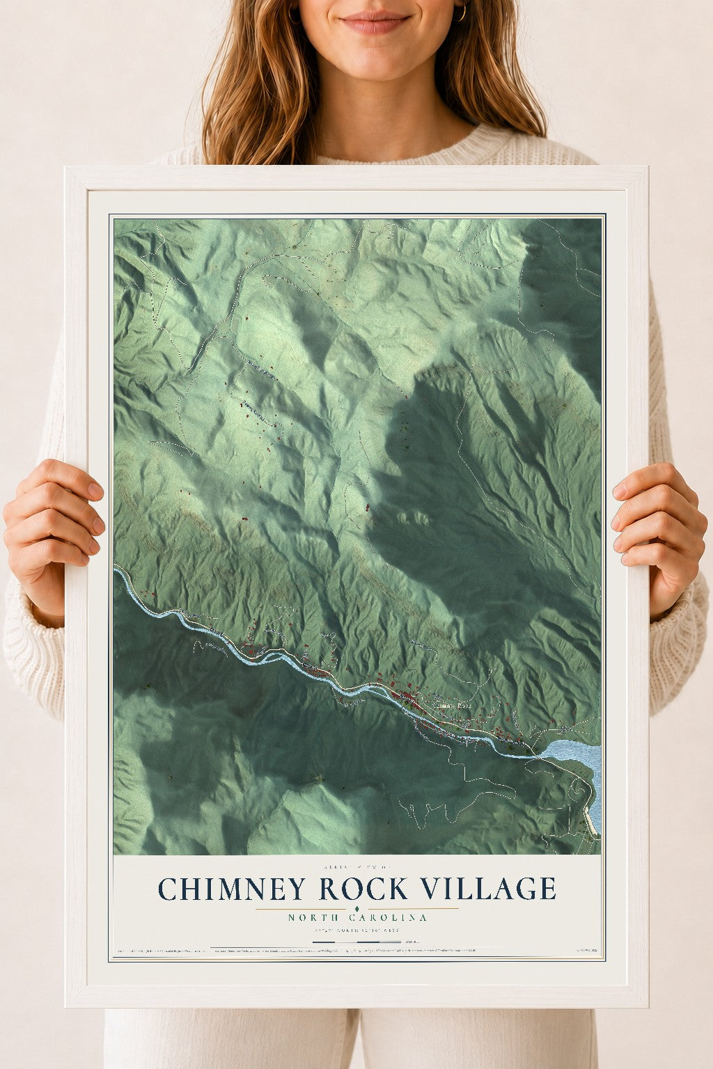 Map of Chimney Rock Village, North Carolina, 18 x 24 inch print in a white wood frame