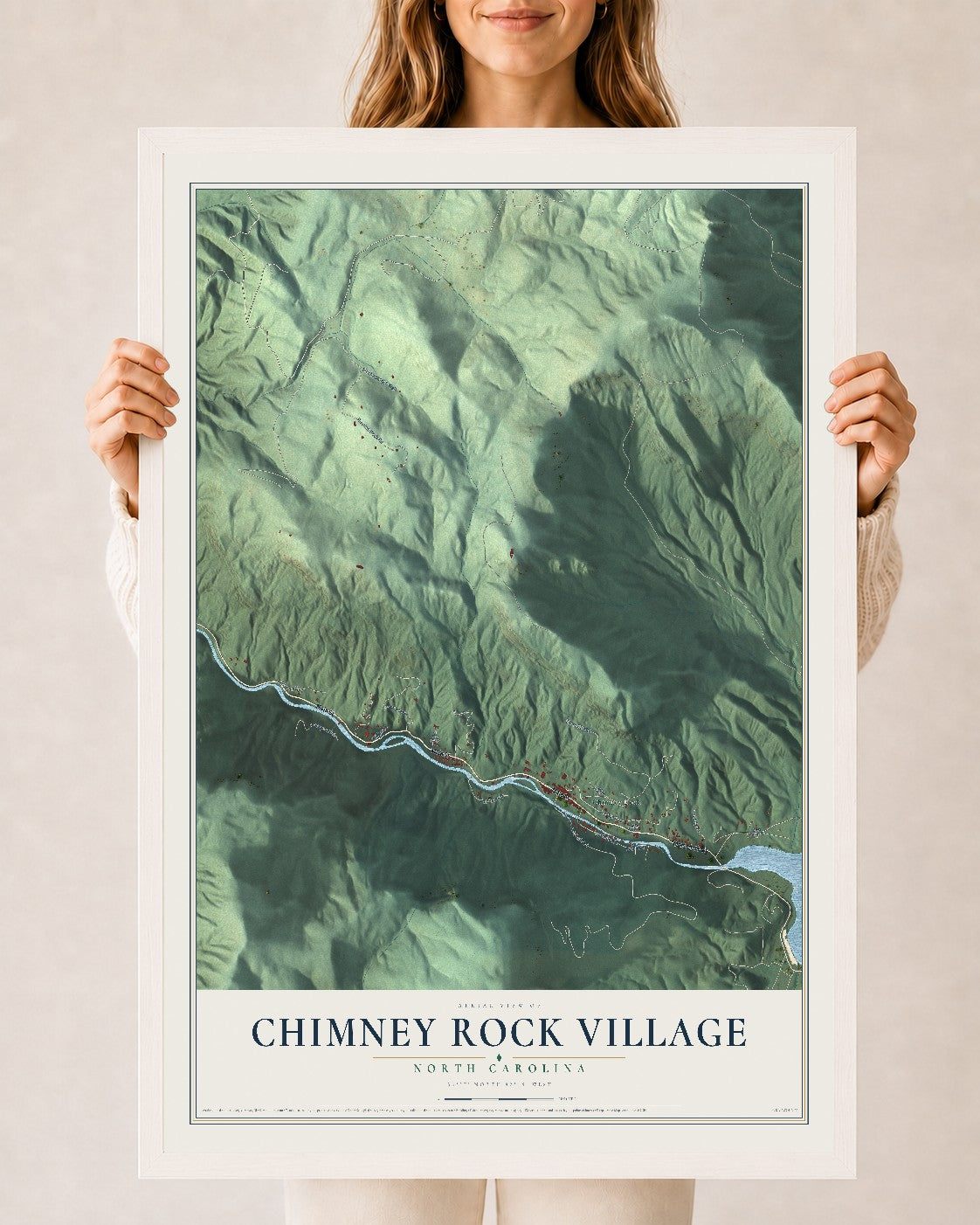 Map of Chimney Rock Village, North Carolina, 24 x 36 inch print in a white wood frame