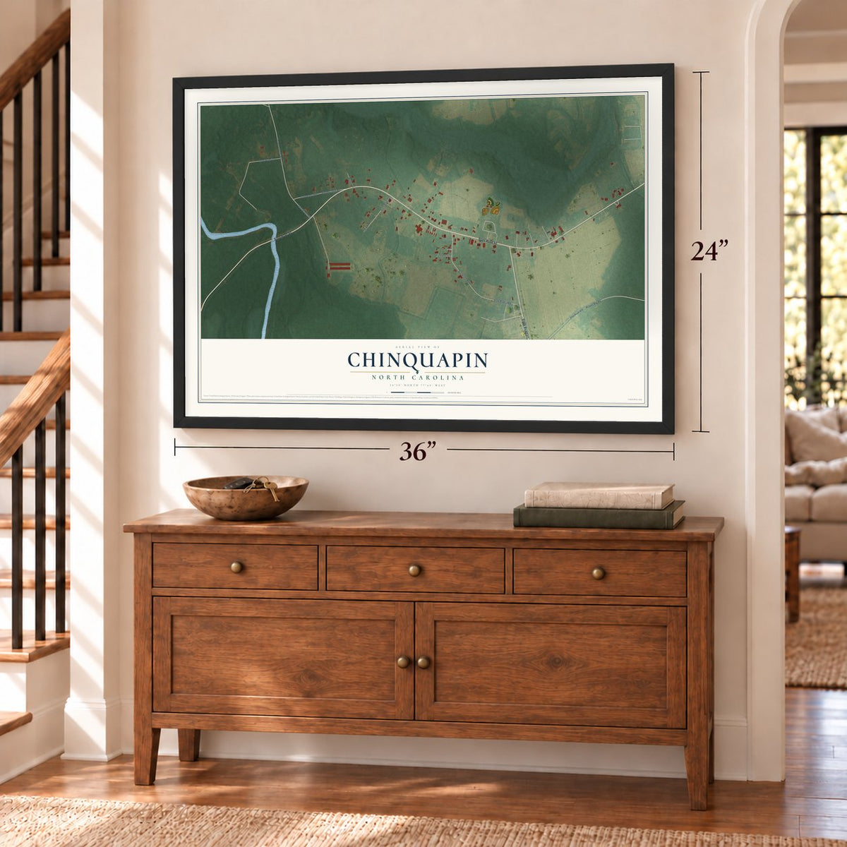 Chinquapin, North Carolina map, 24 x 36 inch print in a black frame above a dresser by a staircase