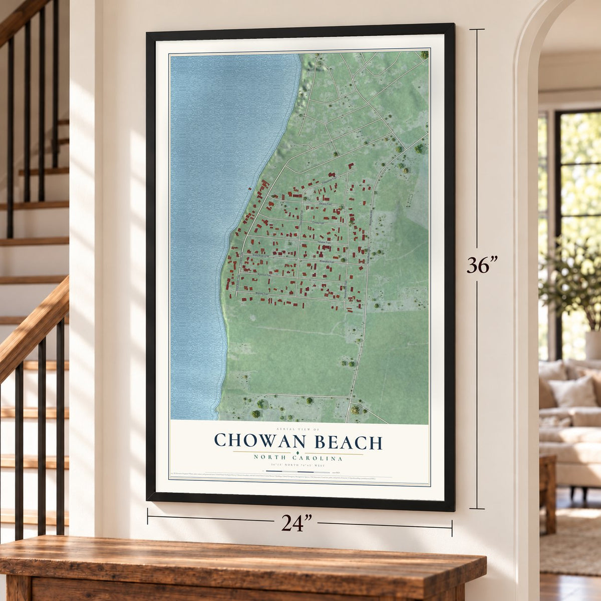 Chowan Beach, North Carolina map, 24 x 36 inch print in a black frame by a staircase