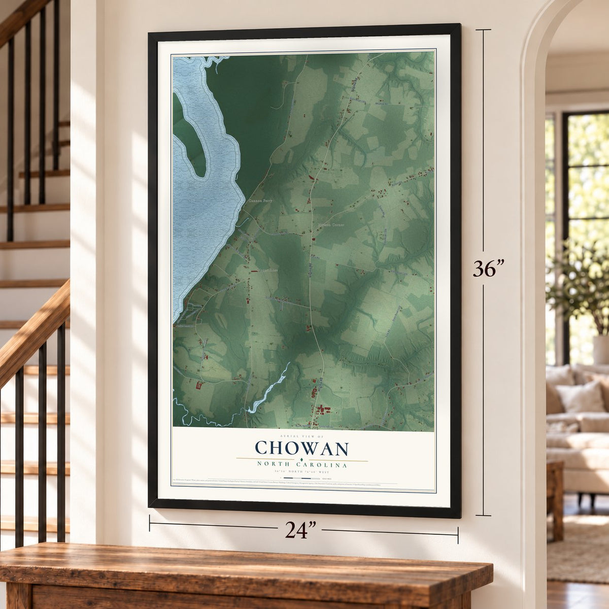 Chowan, North Carolina map, 24 x 36 inch print in a black frame by a staircase