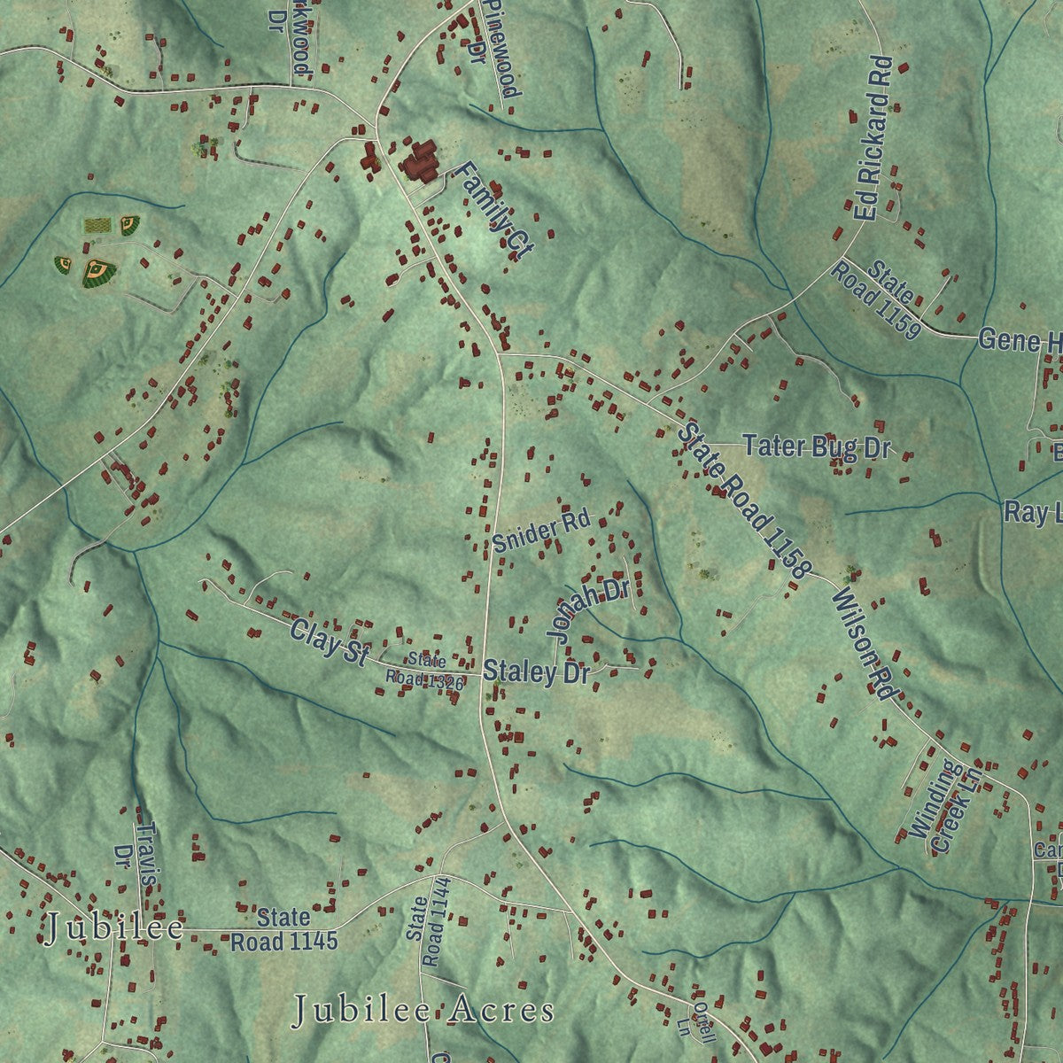 Close-up of the map of Churchland, North Carolina print showing street and building detail