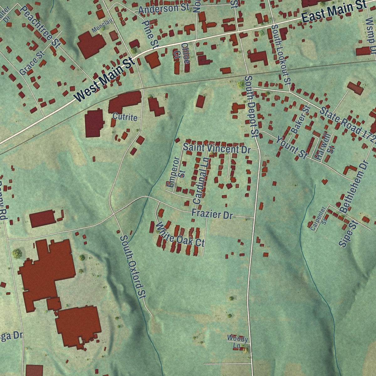 Close-up of the map of Claremont, North Carolina print showing street and building detail