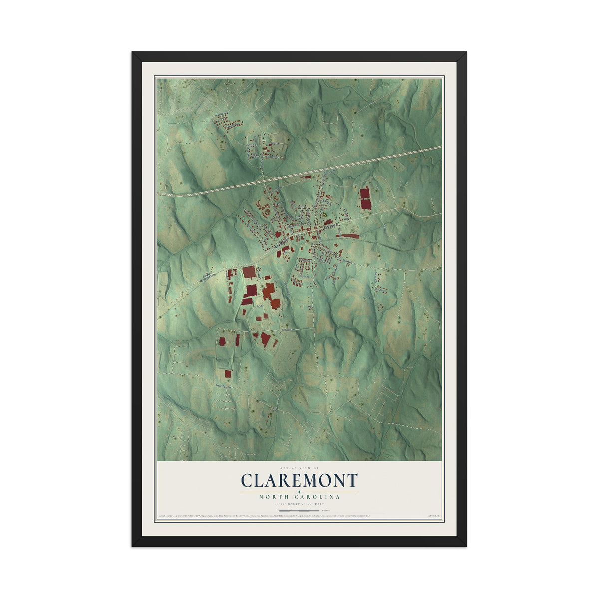 Map of Claremont, North Carolina, 12 x 18 inch print in a black wood frame
