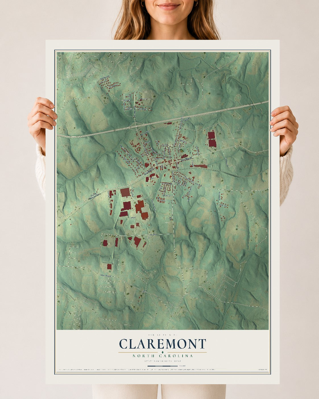 Map of Claremont, North Carolina, 24 x 36 inch unframed archival matte print