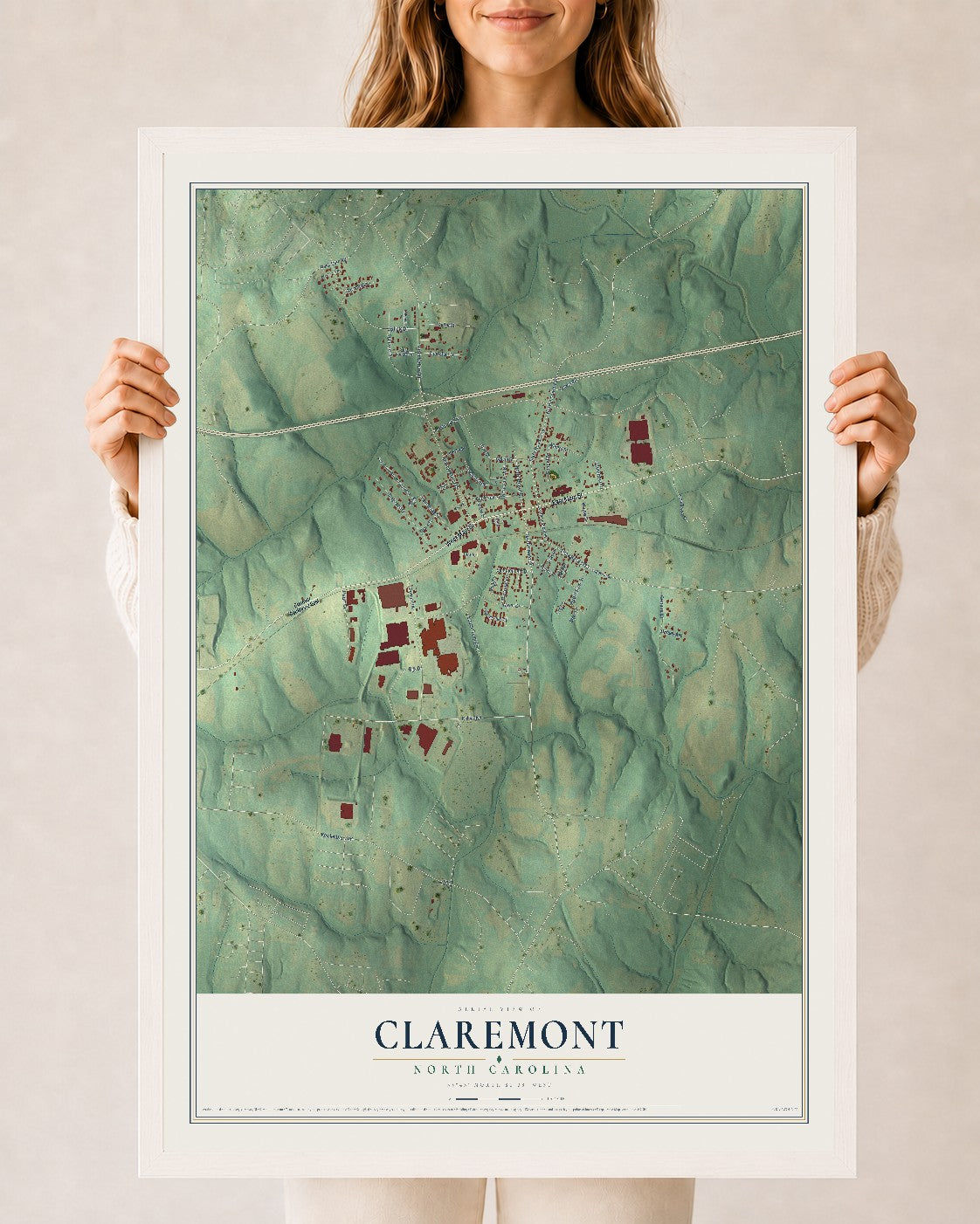 Map of Claremont, North Carolina, 24 x 36 inch print in a white wood frame