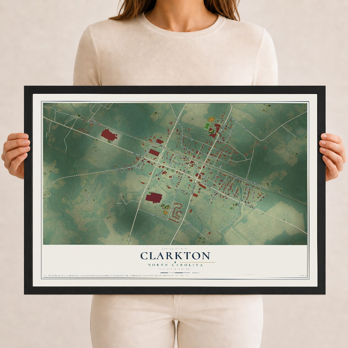 Map of Clarkton, North Carolina, 12 x 18 inch print in a black wood frame