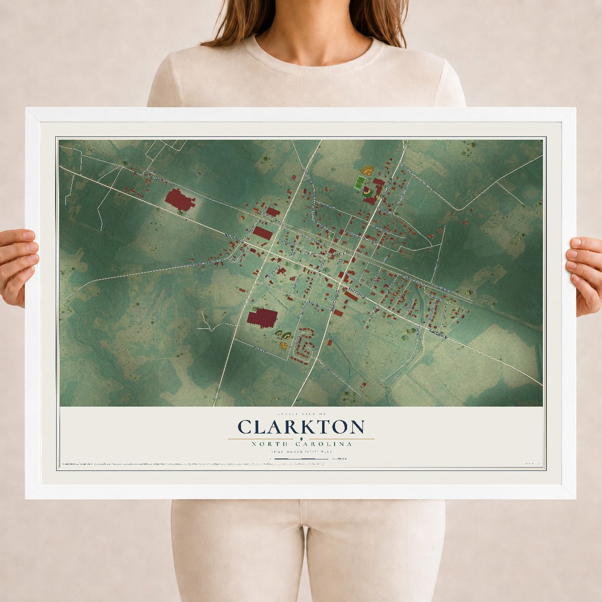 Map of Clarkton, North Carolina, 18 x 24 inch print in a white wood frame