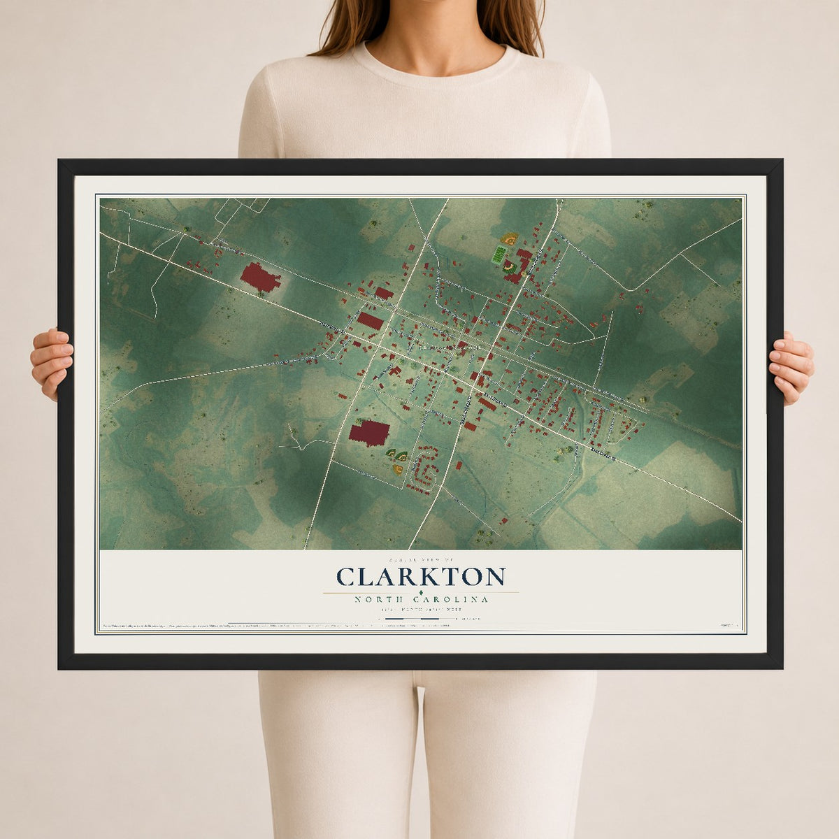 Map of Clarkton, North Carolina, 24 x 36 inch print in a black wood frame