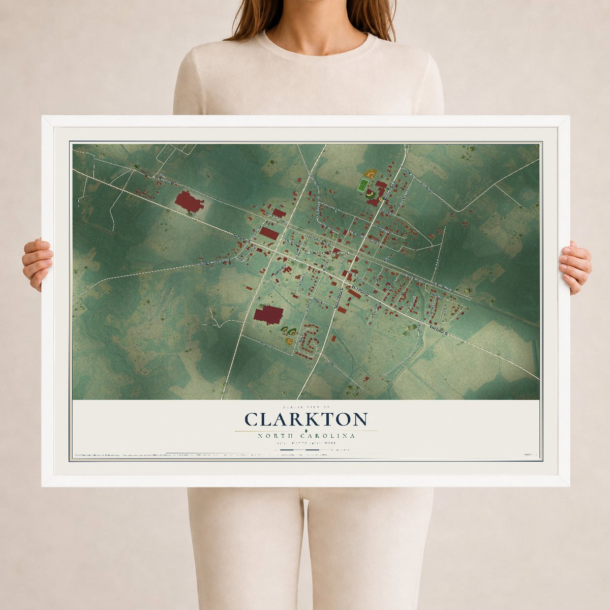 Map of Clarkton, North Carolina, 24 x 36 inch print in a white wood frame
