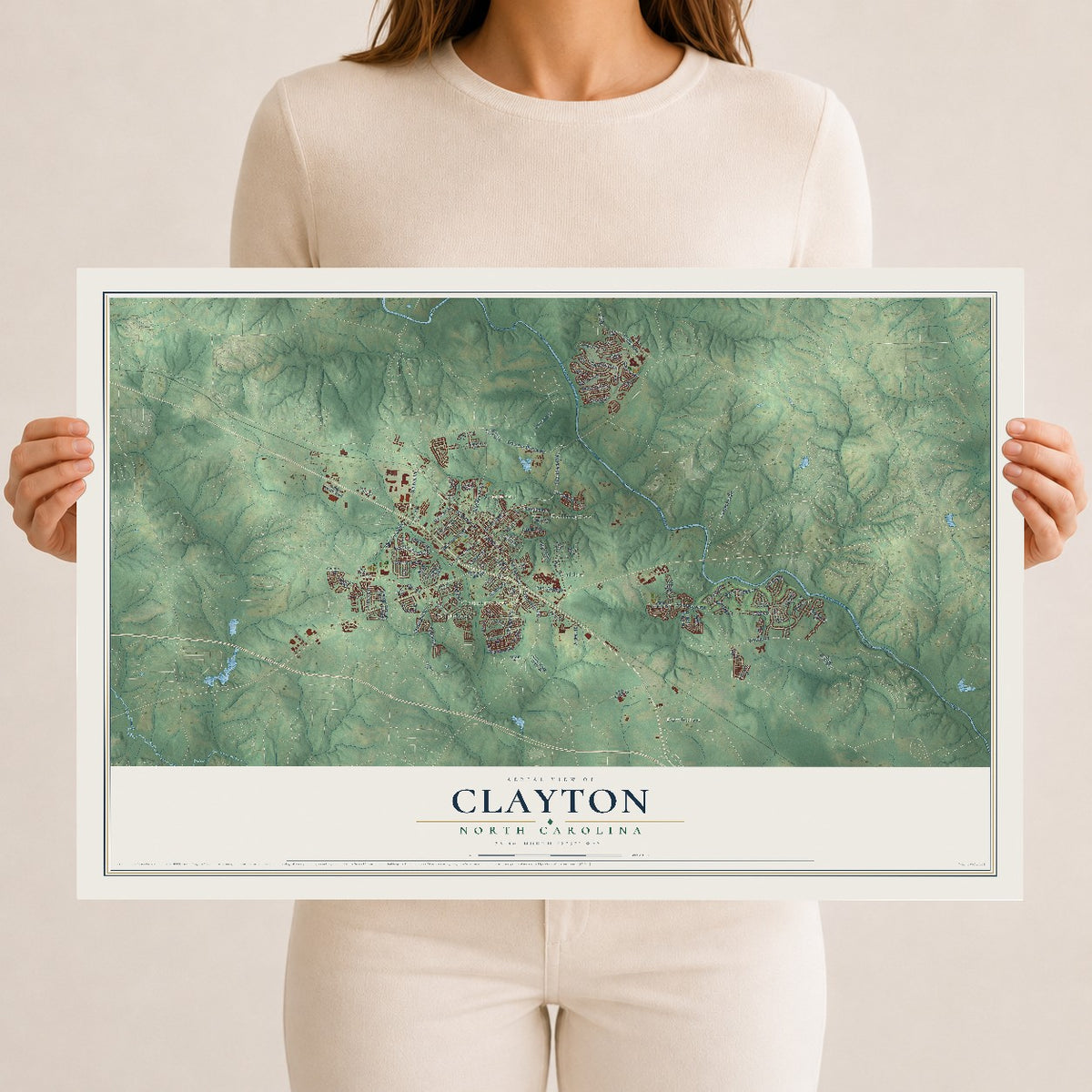 Map of Clayton, North Carolina, 12 x 18 inch unframed archival matte print