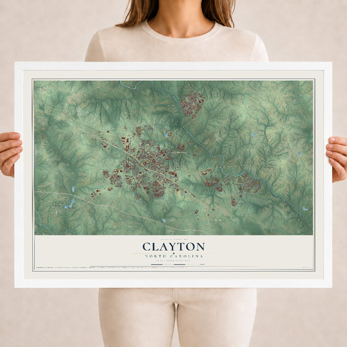 Map of Clayton, North Carolina, 18 x 24 inch print in a white wood frame