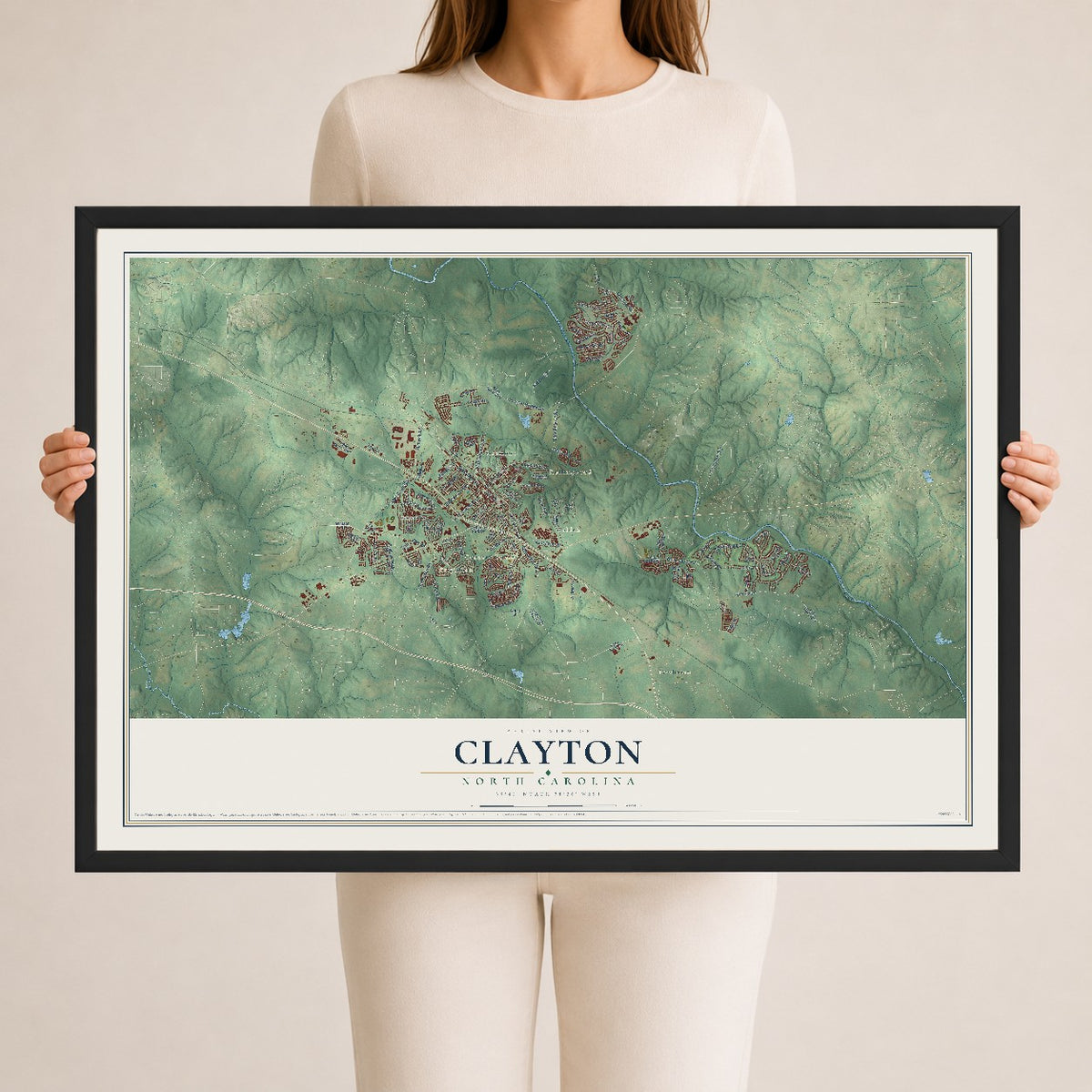 Map of Clayton, North Carolina, 24 x 36 inch print in a black wood frame