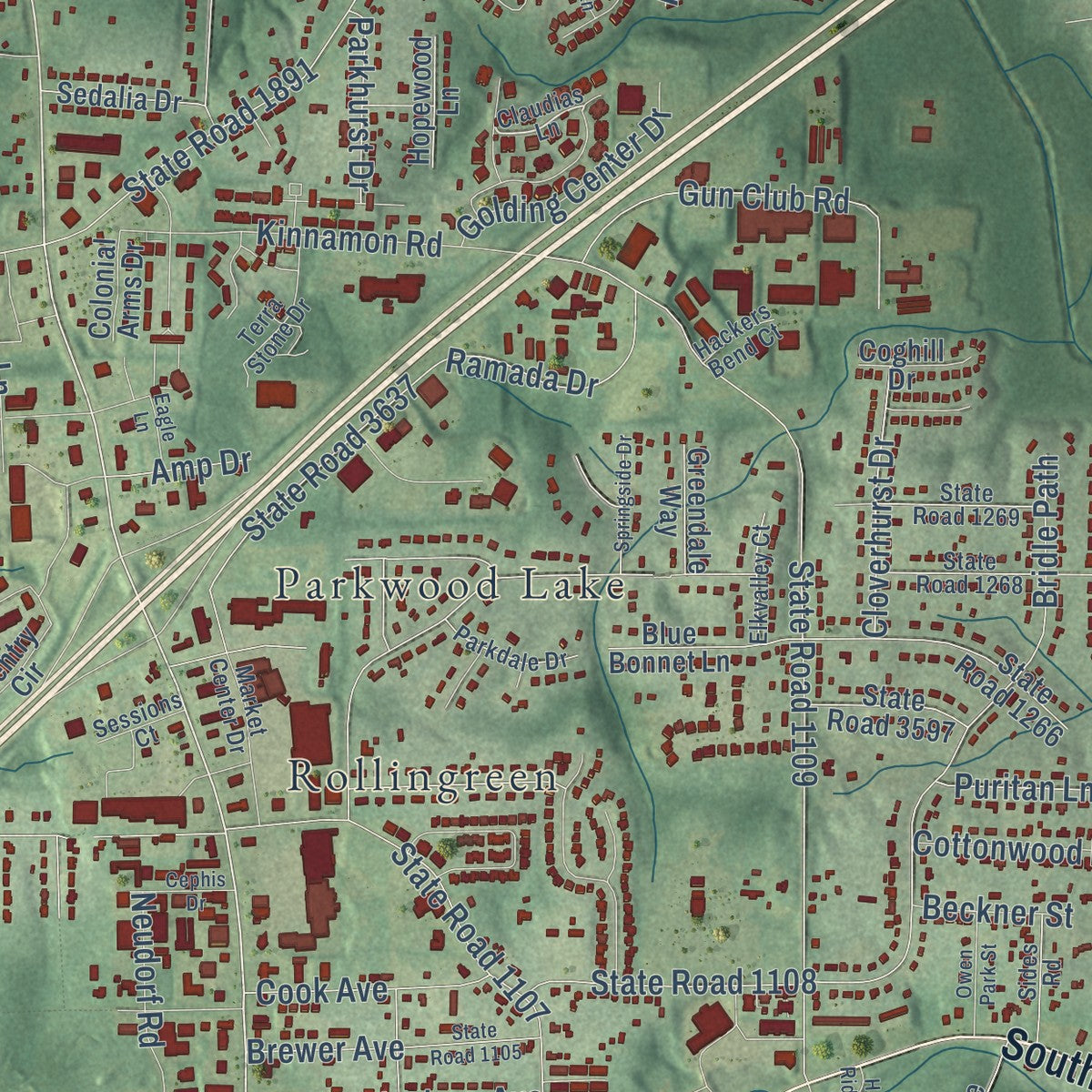 Close-up of the map of Clemmons, North Carolina print showing street and building detail