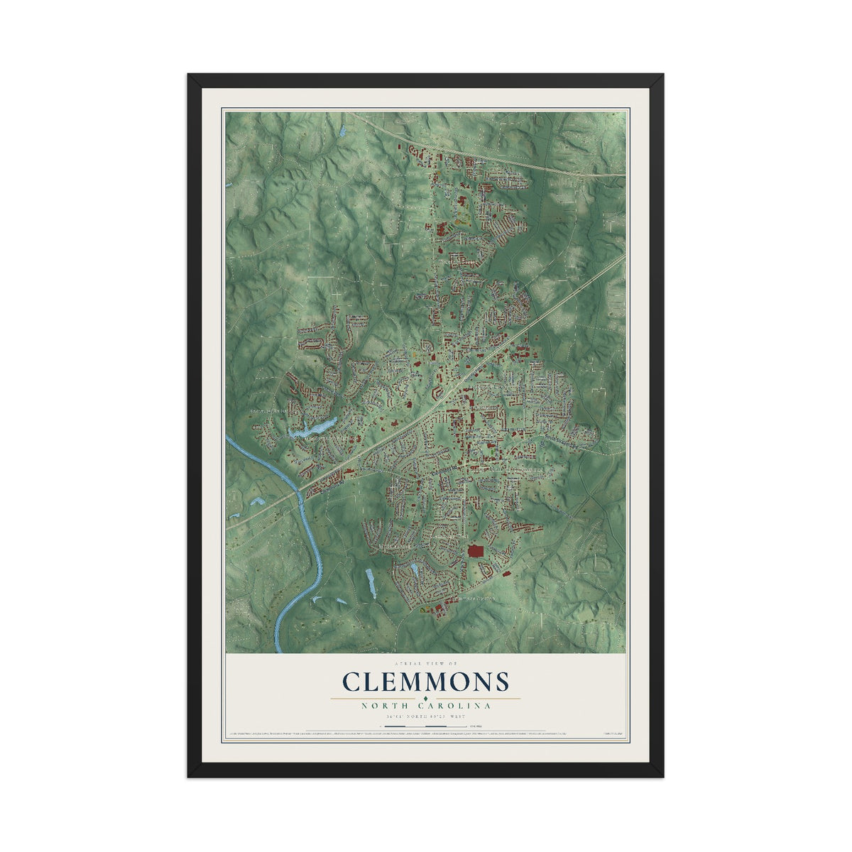 Map of Clemmons, North Carolina, 12 x 18 inch print in a black wood frame