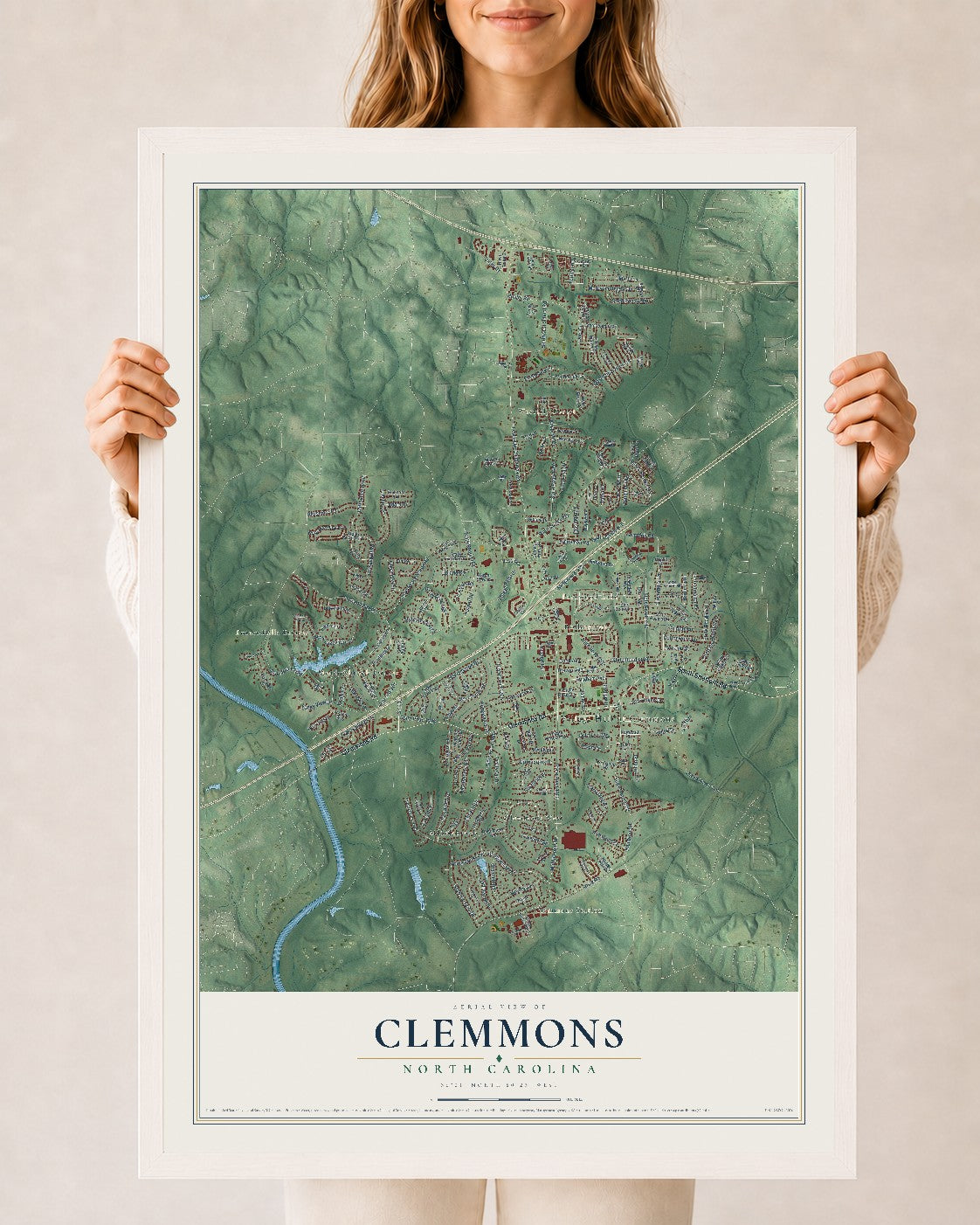 Map of Clemmons, North Carolina, 24 x 36 inch print in a white wood frame