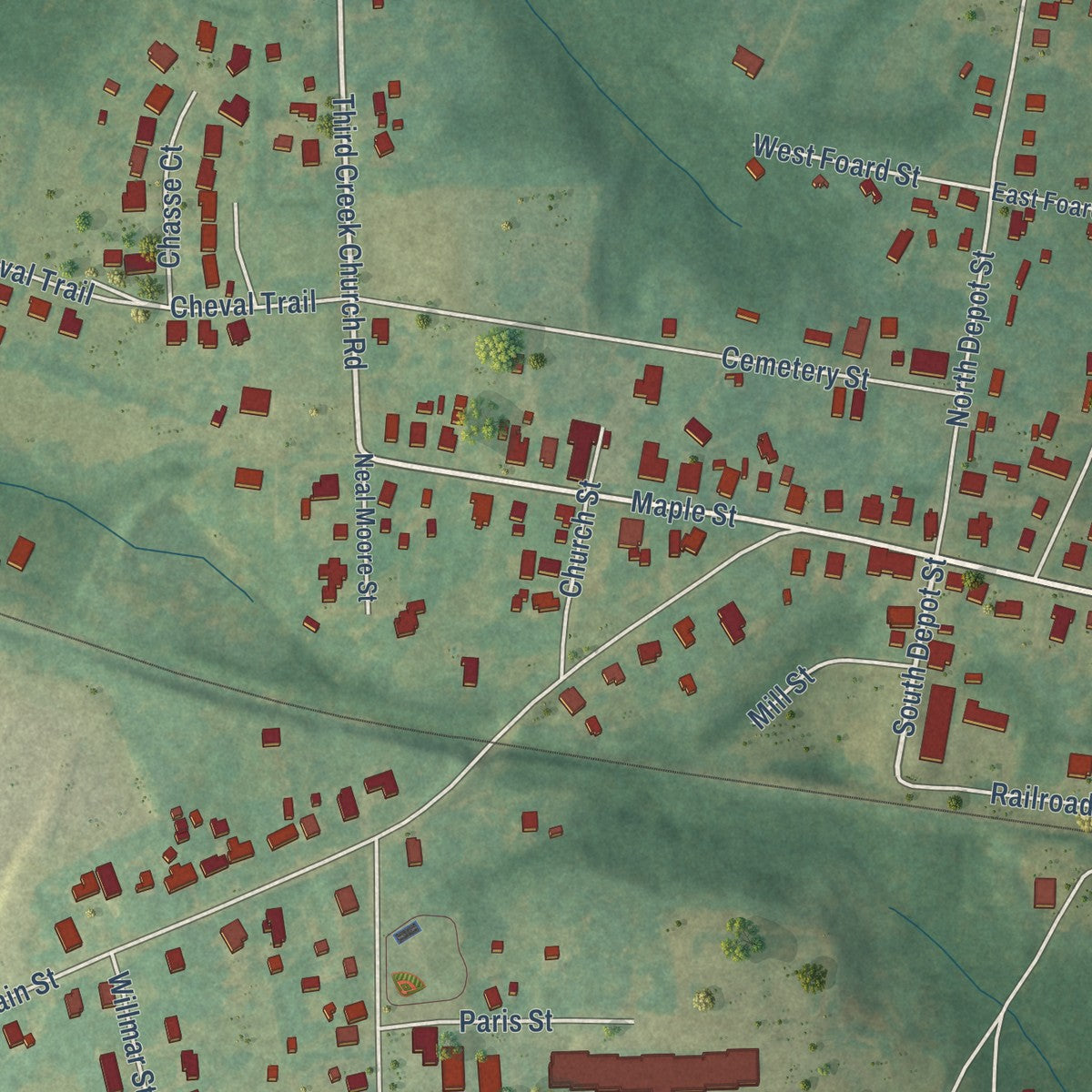 Close-up of the map of Cleveland, North Carolina print showing street and building detail