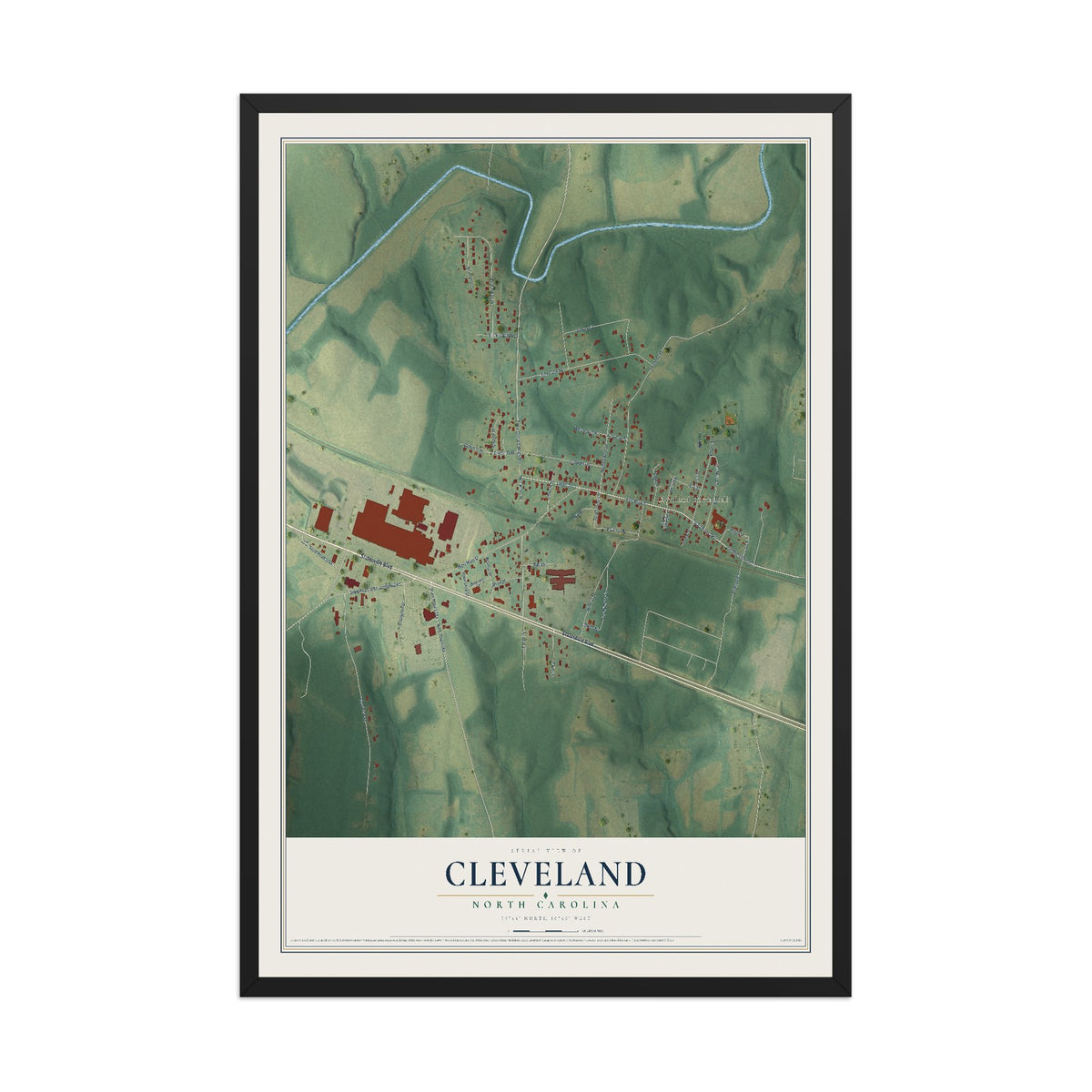 Map of Cleveland, North Carolina, 12 x 18 inch print in a black wood frame