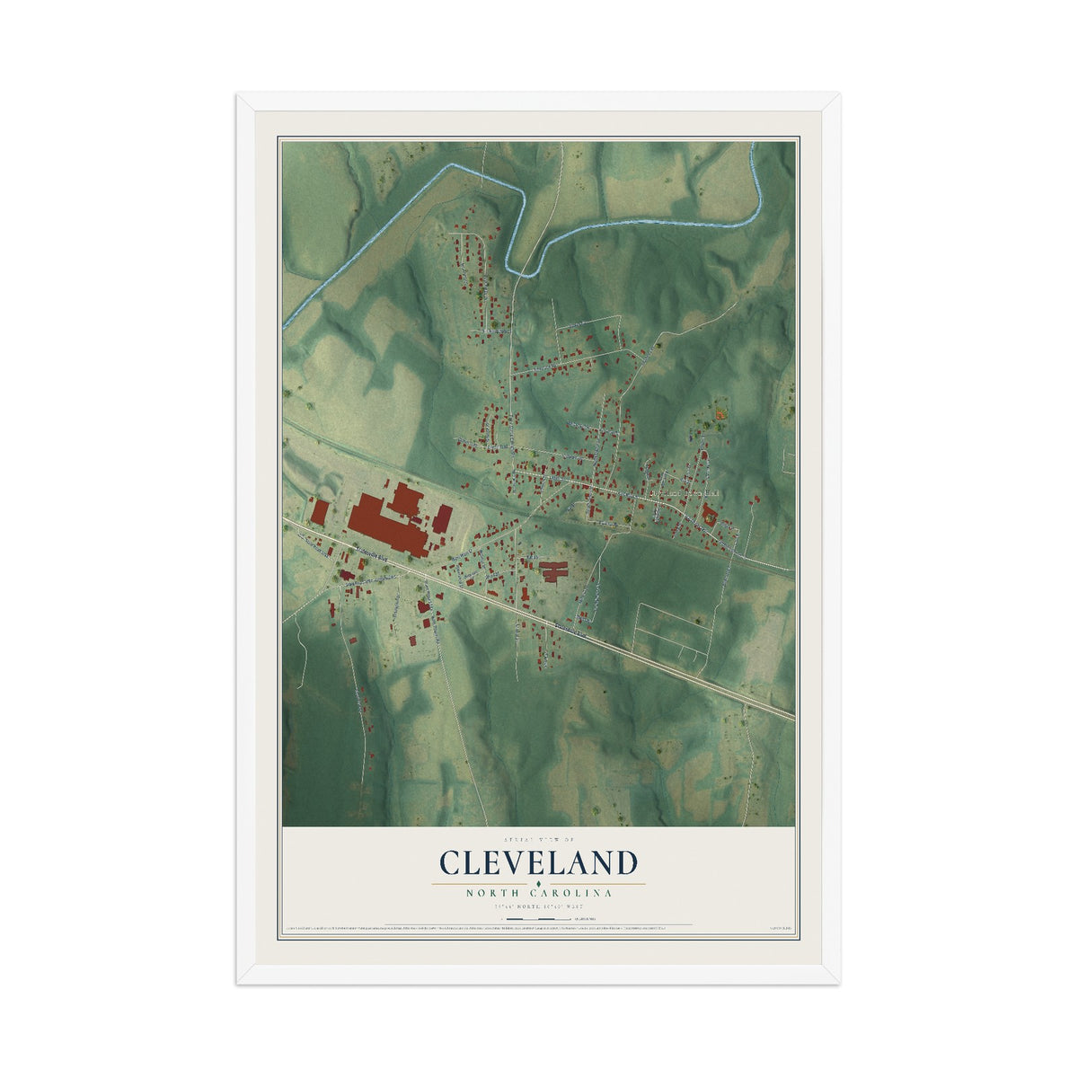 Map of Cleveland, North Carolina, 12 x 18 inch print in a white wood frame