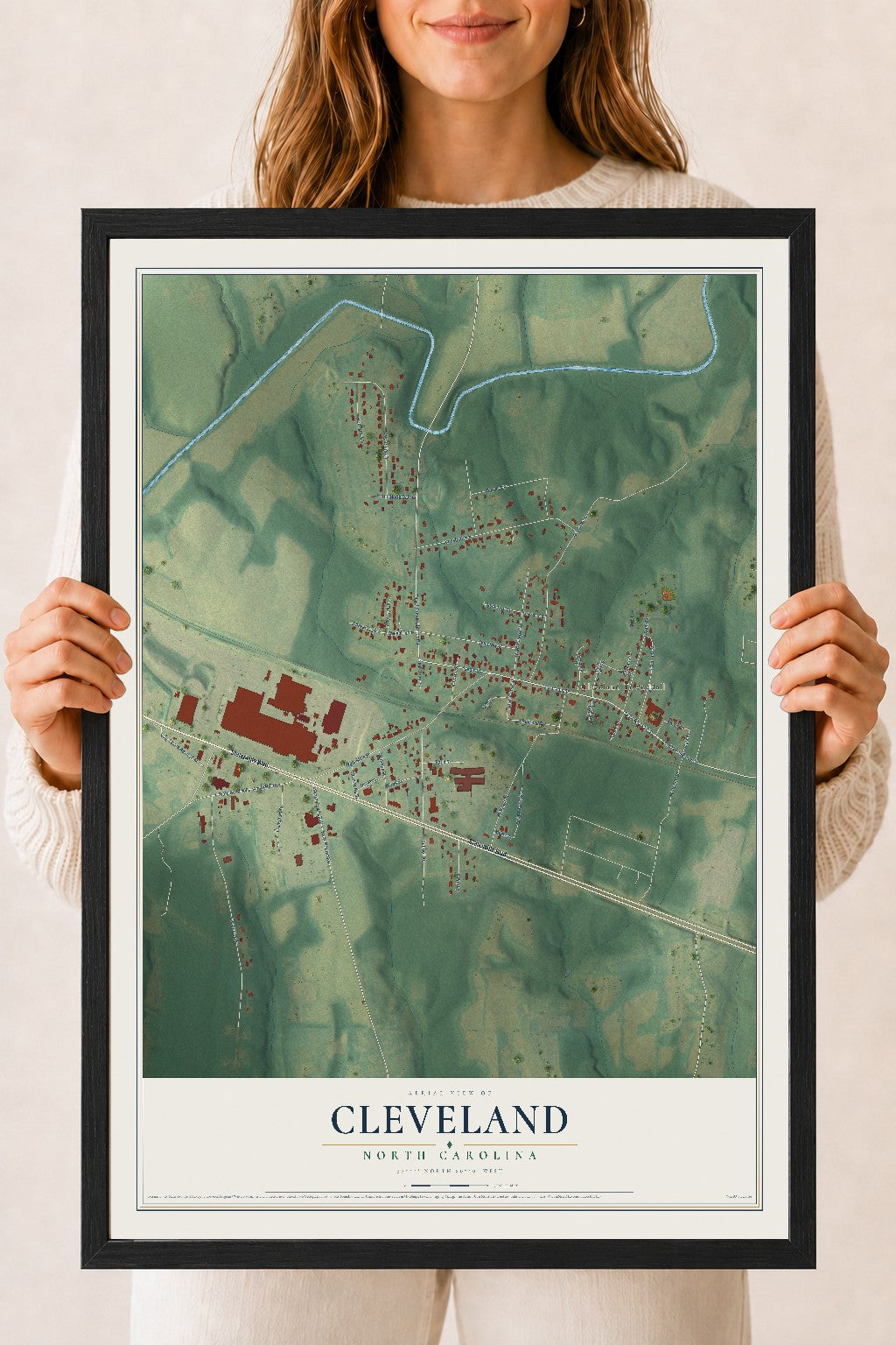Map of Cleveland, North Carolina, 18 x 24 inch print in a black wood frame