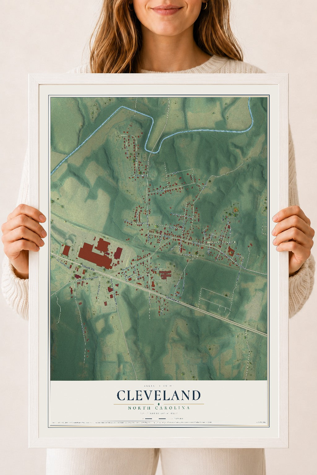 Map of Cleveland, North Carolina, 18 x 24 inch print in a white wood frame