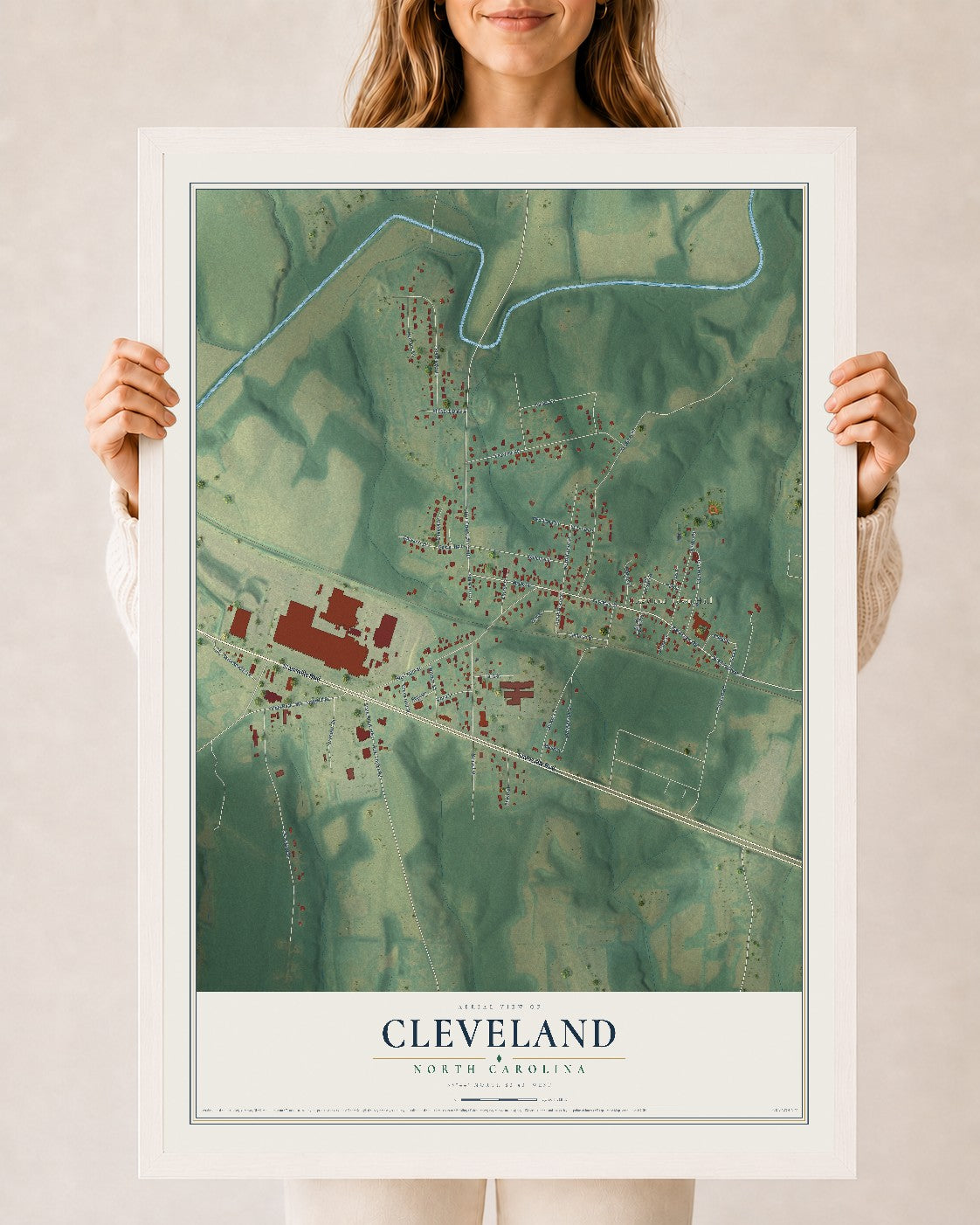 Map of Cleveland, North Carolina, 24 x 36 inch print in a white wood frame