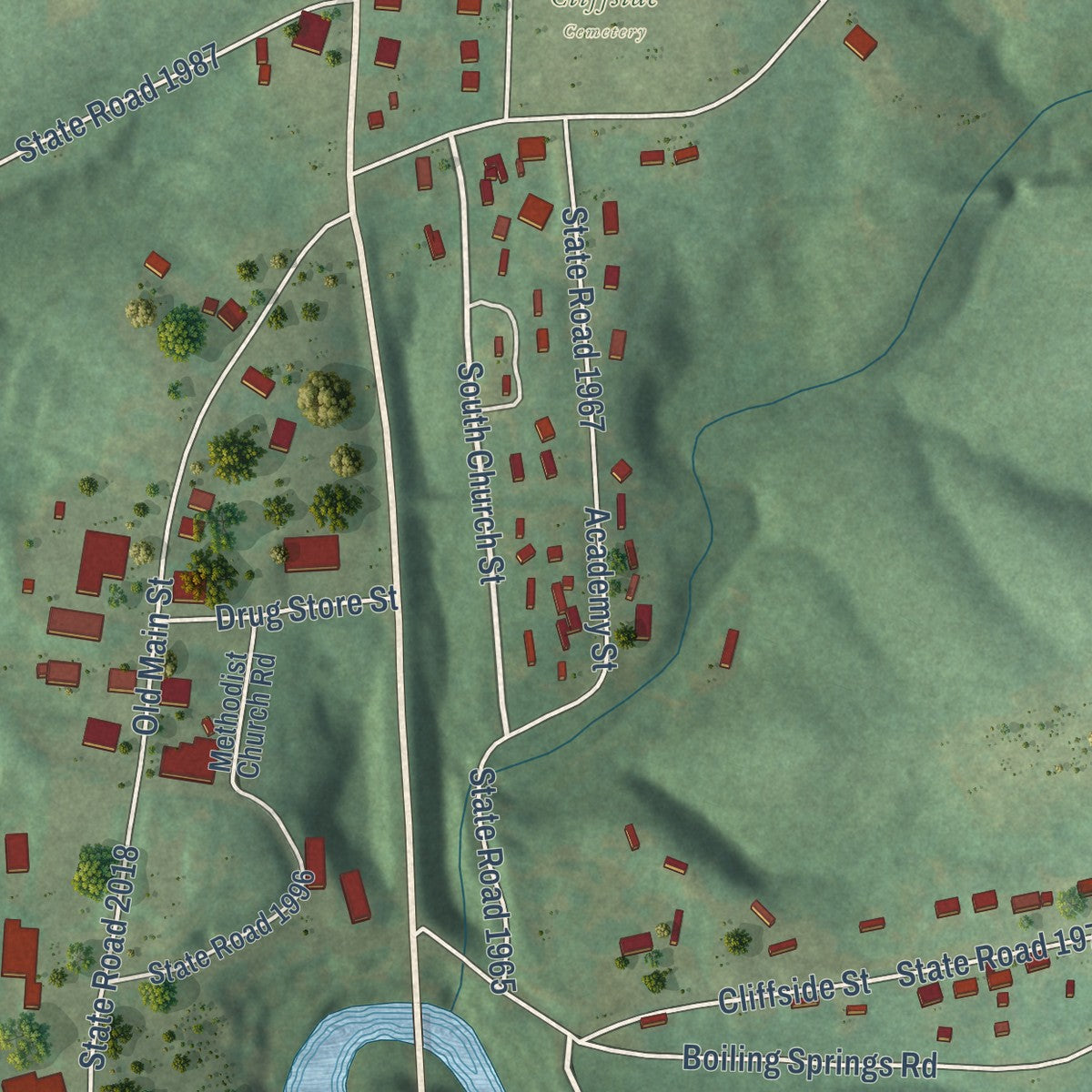 Close-up of the map of Cliffside, North Carolina print showing street and building detail