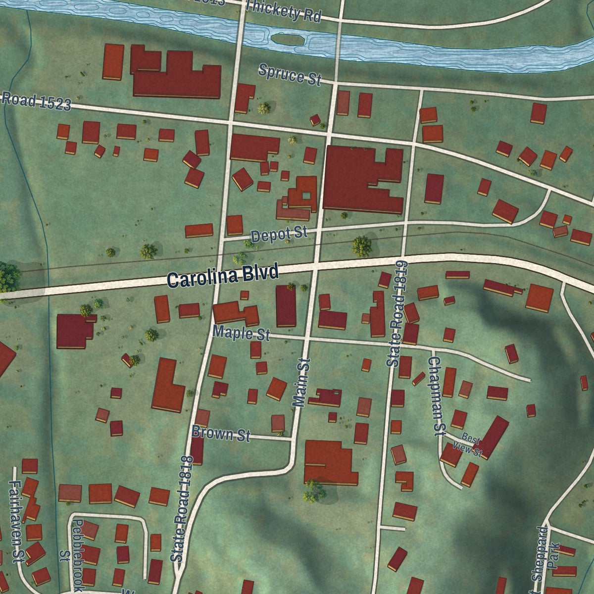 Close-up of the map of Clyde, North Carolina print showing street and building detail
