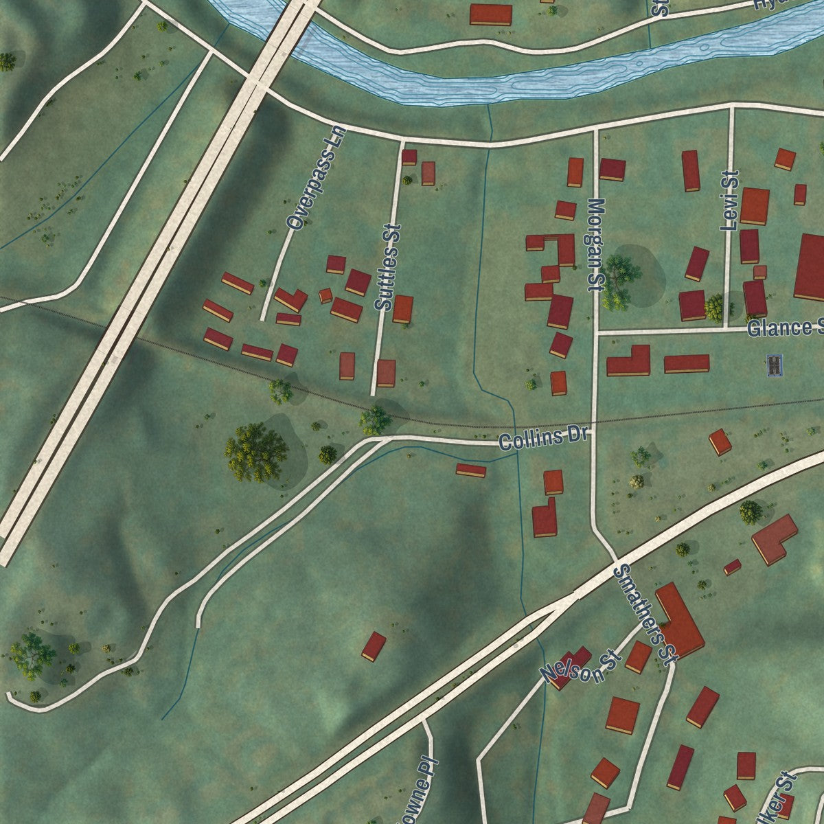 Second close-up of the map of Clyde, North Carolina print showing more streets and buildings
