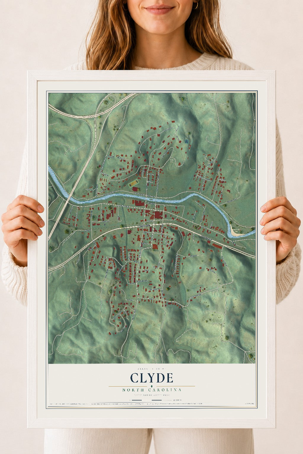 Map of Clyde, North Carolina, 18 x 24 inch print in a white wood frame