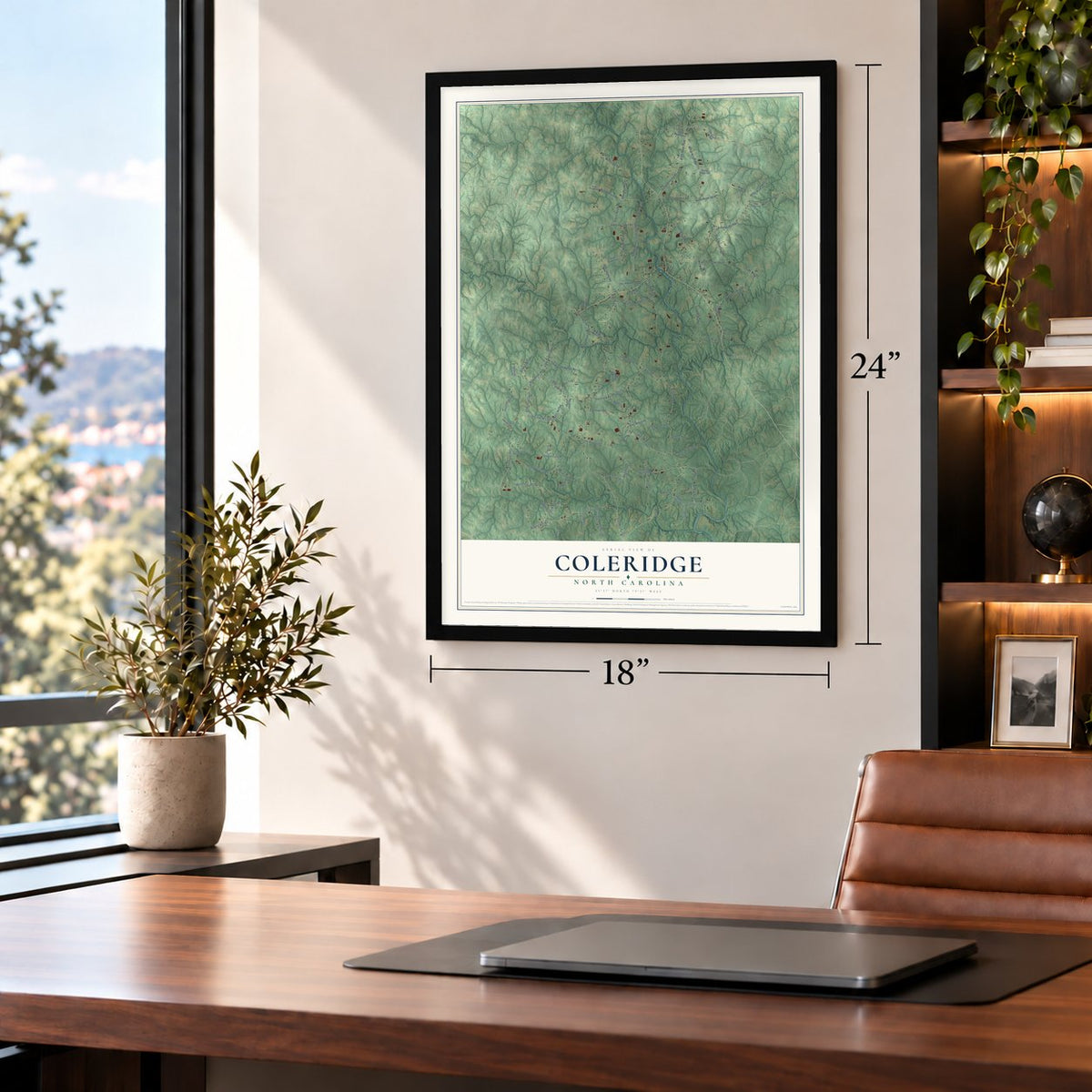 Coleridge, North Carolina map, 18 x 24 inch print in a black frame in a home office