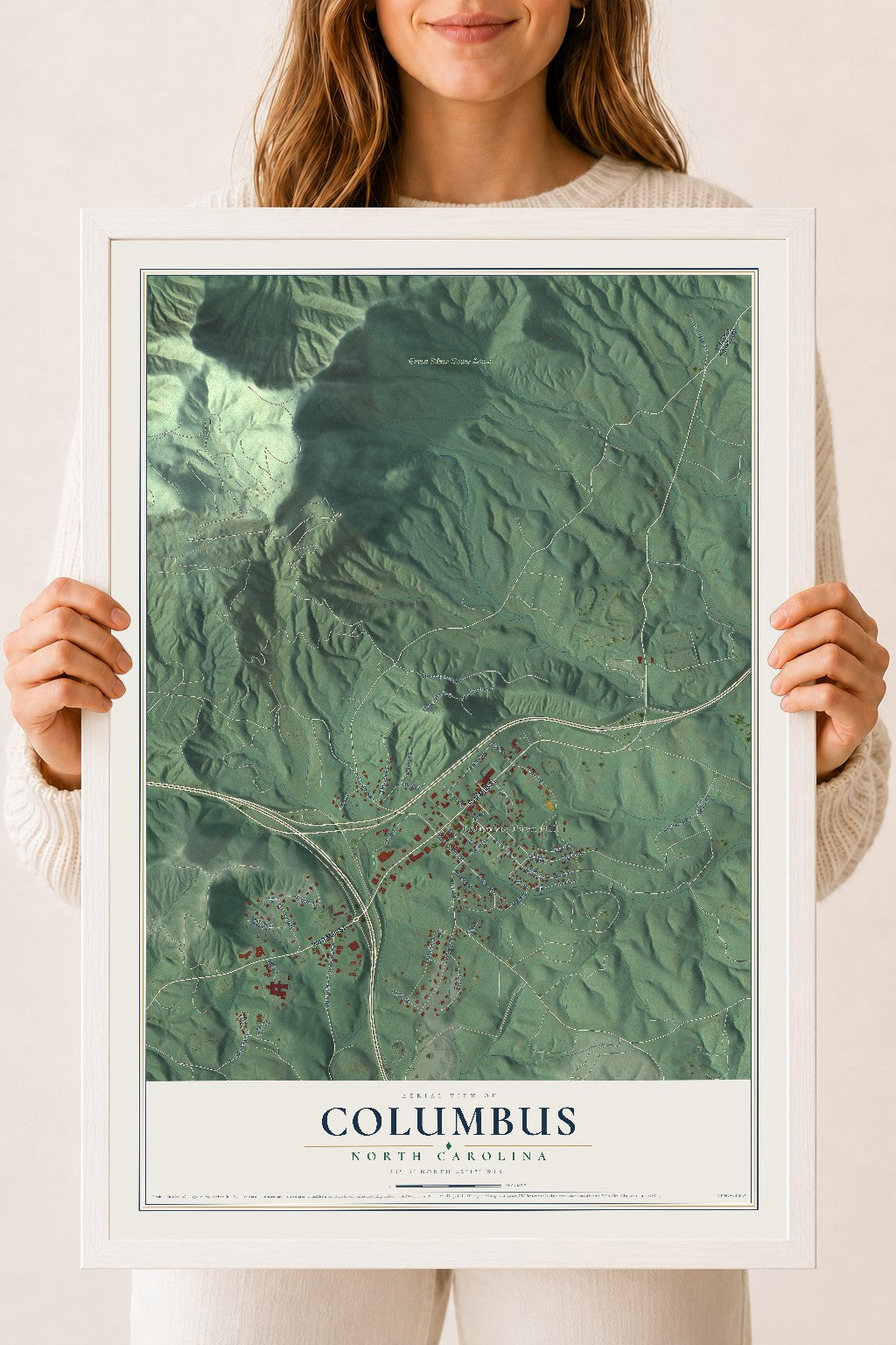Map of Columbus, North Carolina, 18 x 24 inch print in a white wood frame