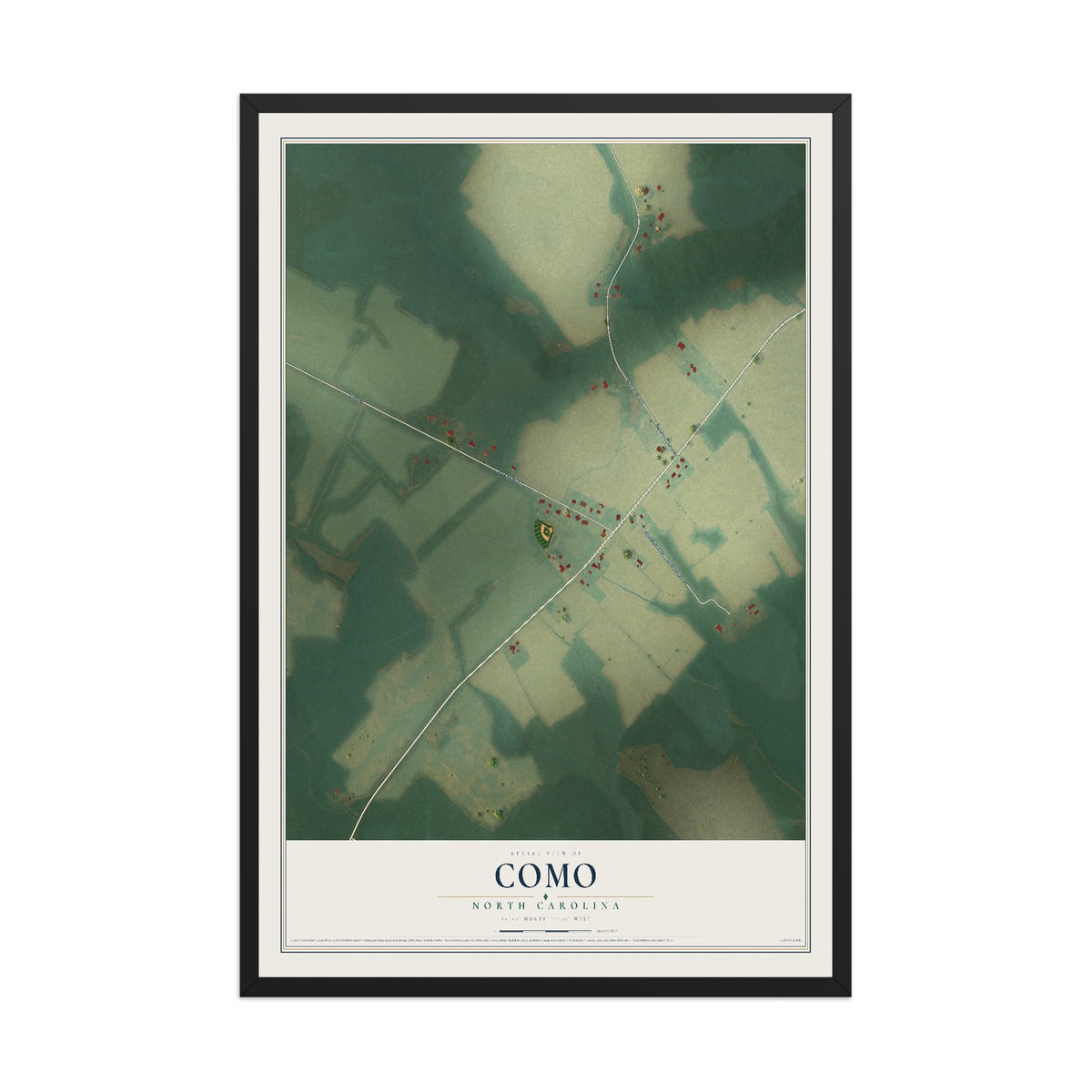 Map of Como, North Carolina, 12 x 18 inch print in a black wood frame