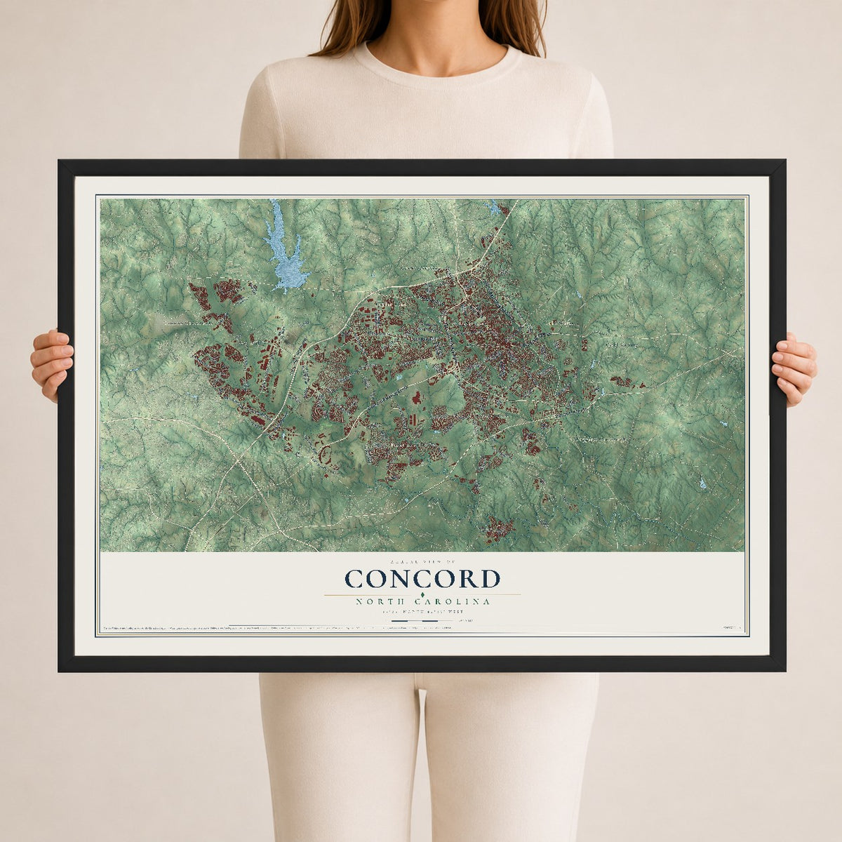 Map of Concord, North Carolina, 24 x 36 inch print in a black wood frame