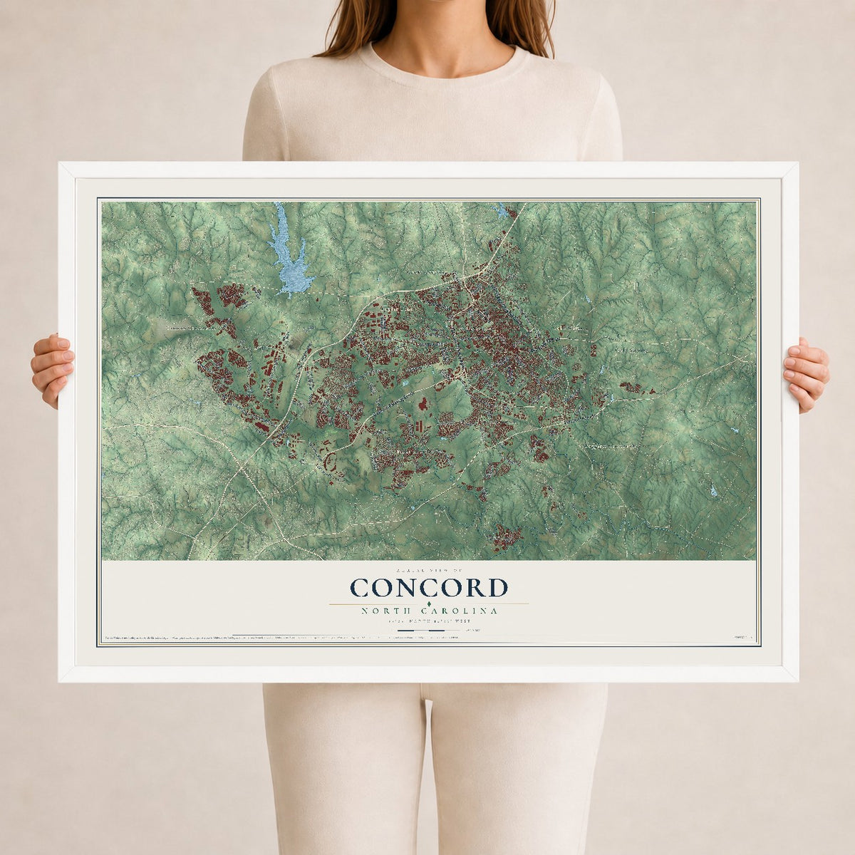 Map of Concord, North Carolina, 24 x 36 inch print in a white wood frame