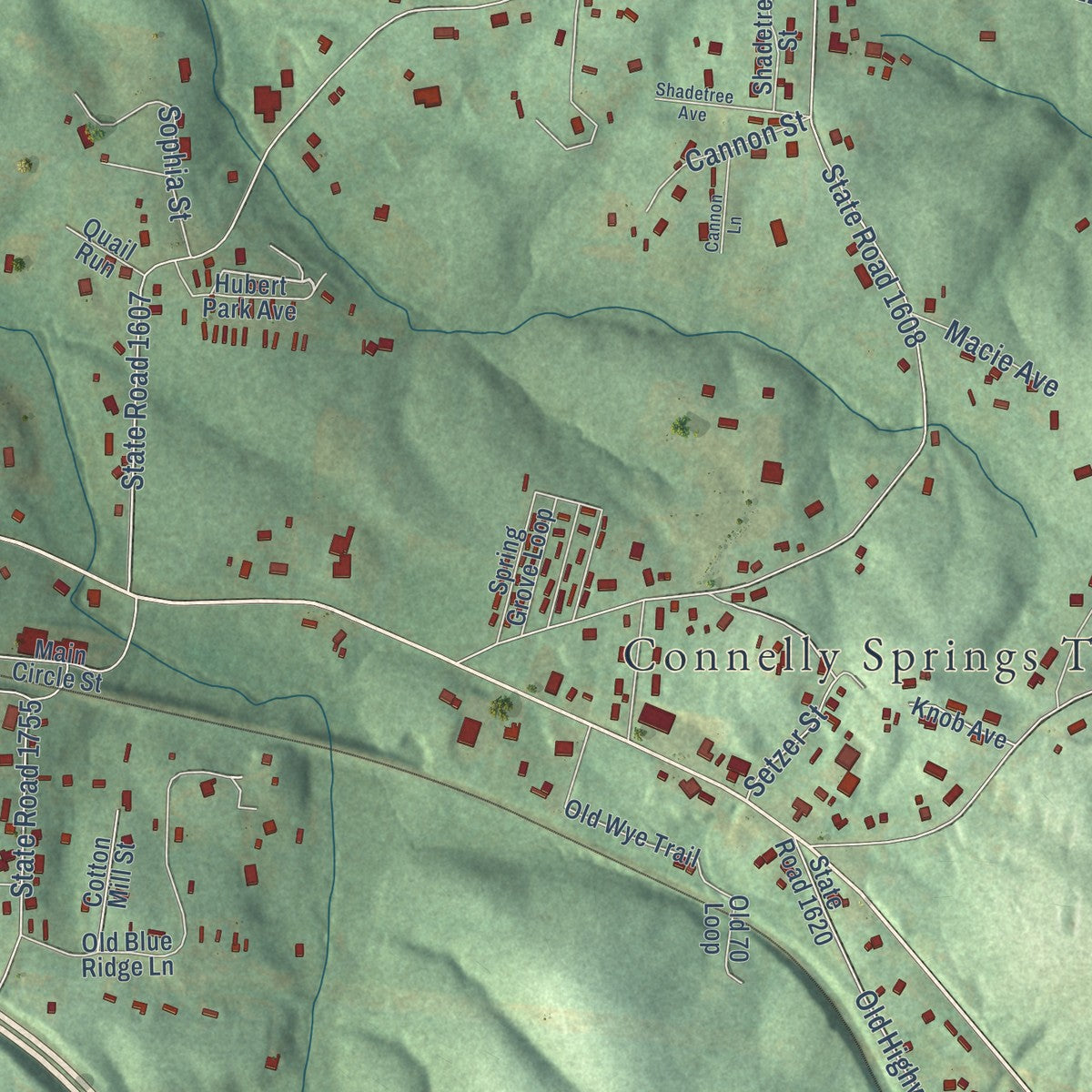 Second close-up of the map of Connelly Springs, North Carolina print showing more streets and buildings