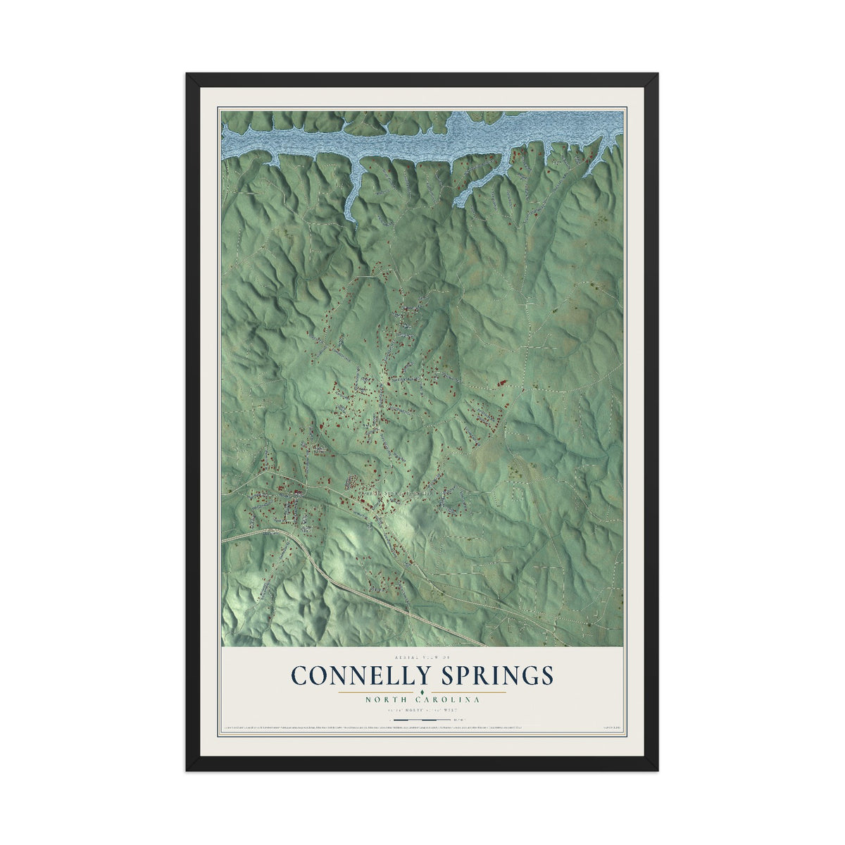 Map of Connelly Springs, North Carolina, 12 x 18 inch print in a black wood frame