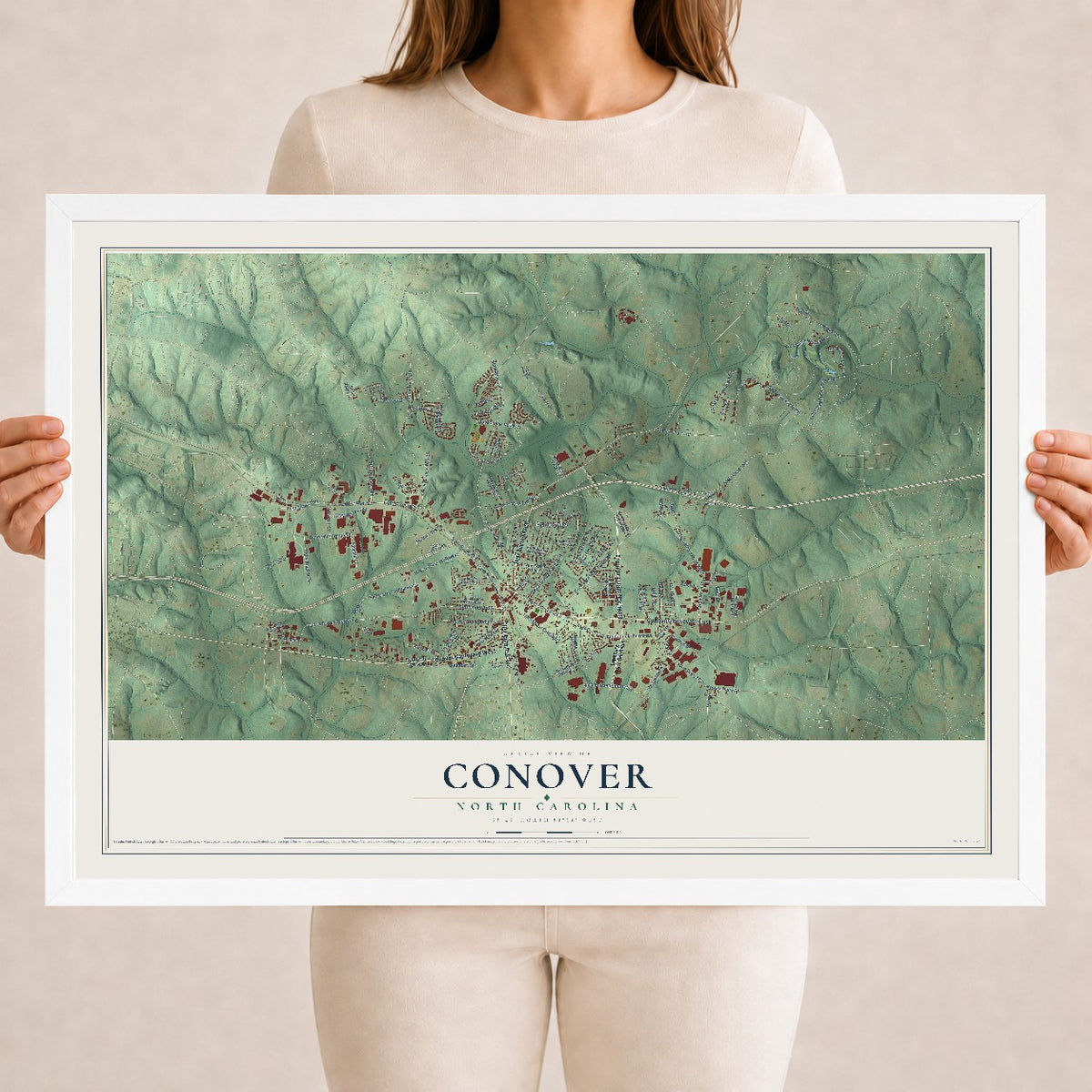 Map of Conover, North Carolina, 18 x 24 inch print in a white wood frame