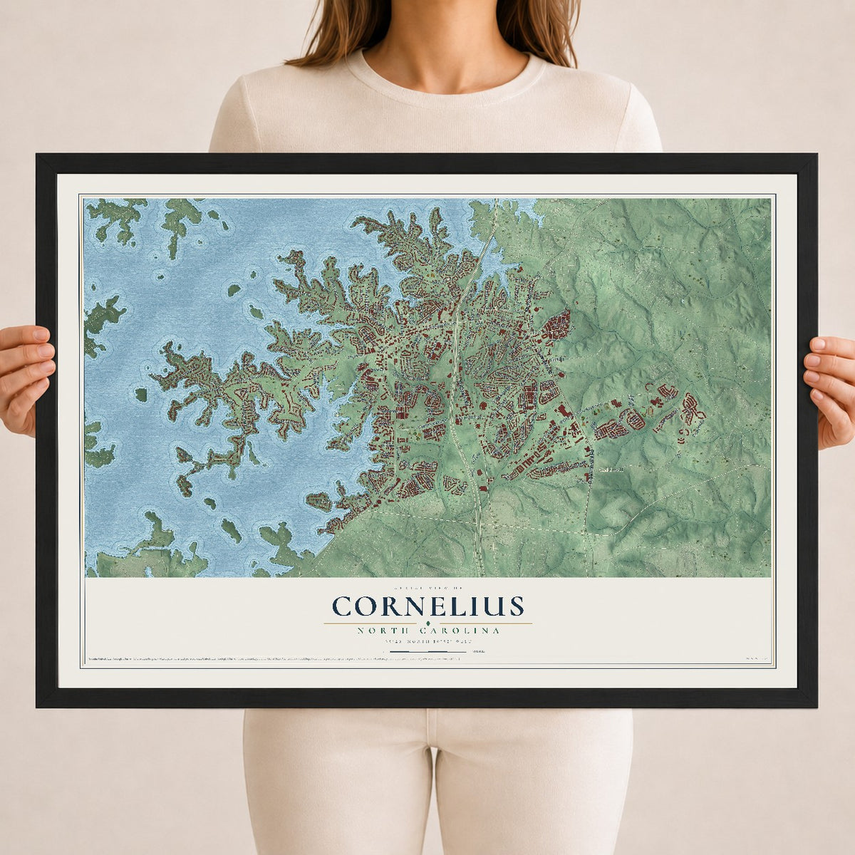 Map of Cornelius, North Carolina, 18 x 24 inch print in a black wood frame