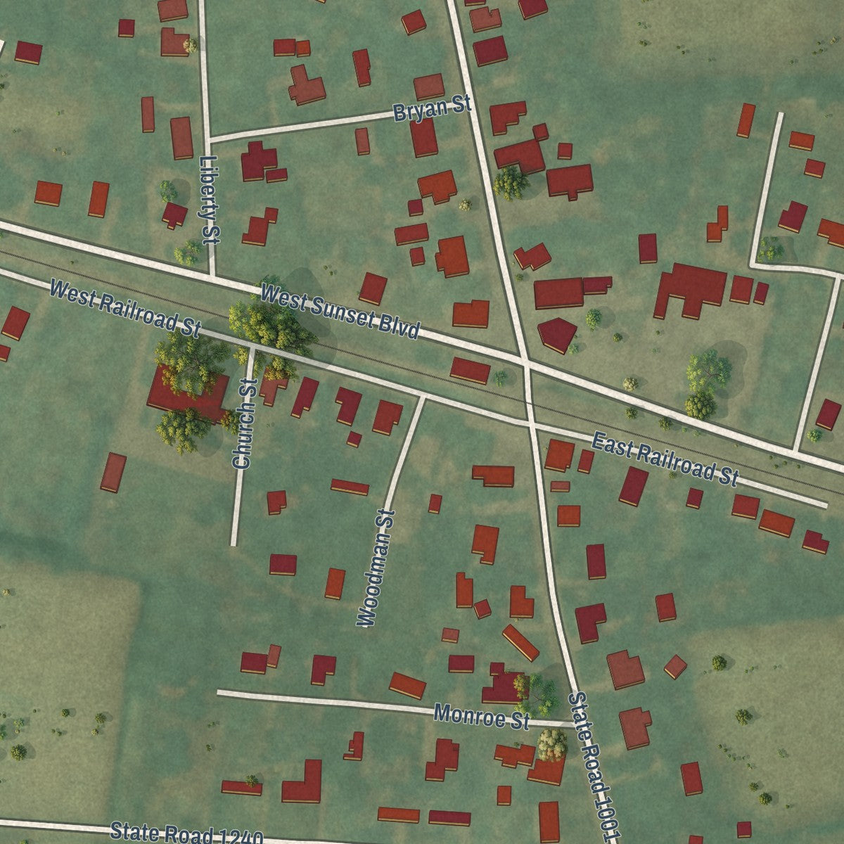 Close-up of the map of Cove City, North Carolina print showing street and building detail