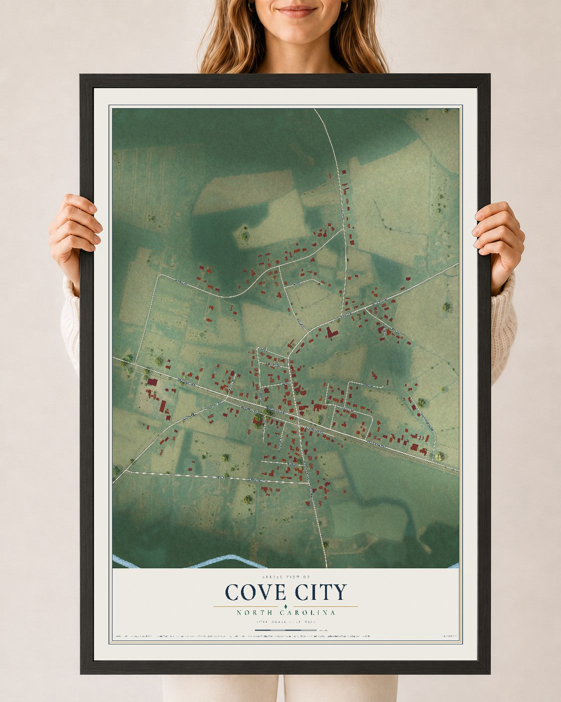 Map of Cove City, North Carolina, 24 x 36 inch print in a black wood frame