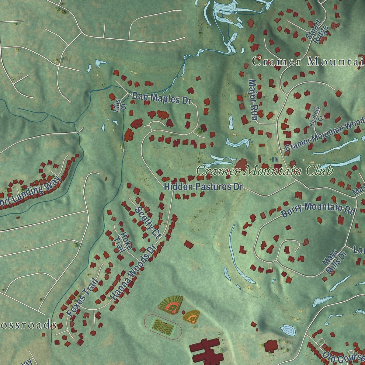 Second close-up of the map of Cramerton, North Carolina print showing more streets and buildings