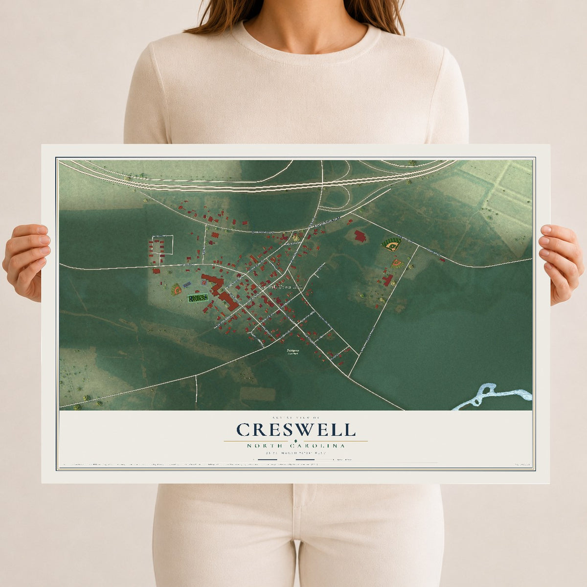 Map of Creswell, North Carolina, 12 x 18 inch unframed archival matte print