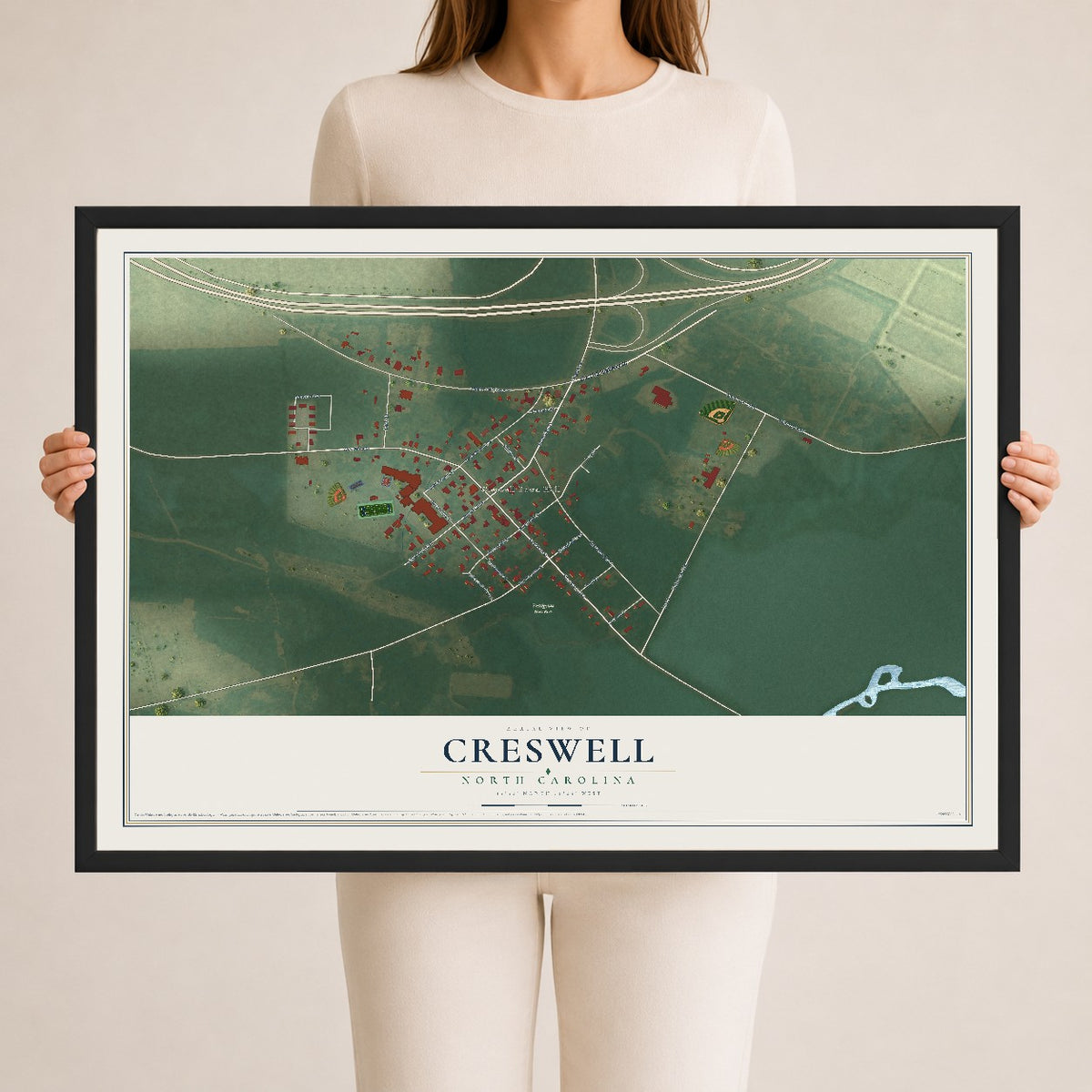 Map of Creswell, North Carolina, 24 x 36 inch print in a black wood frame