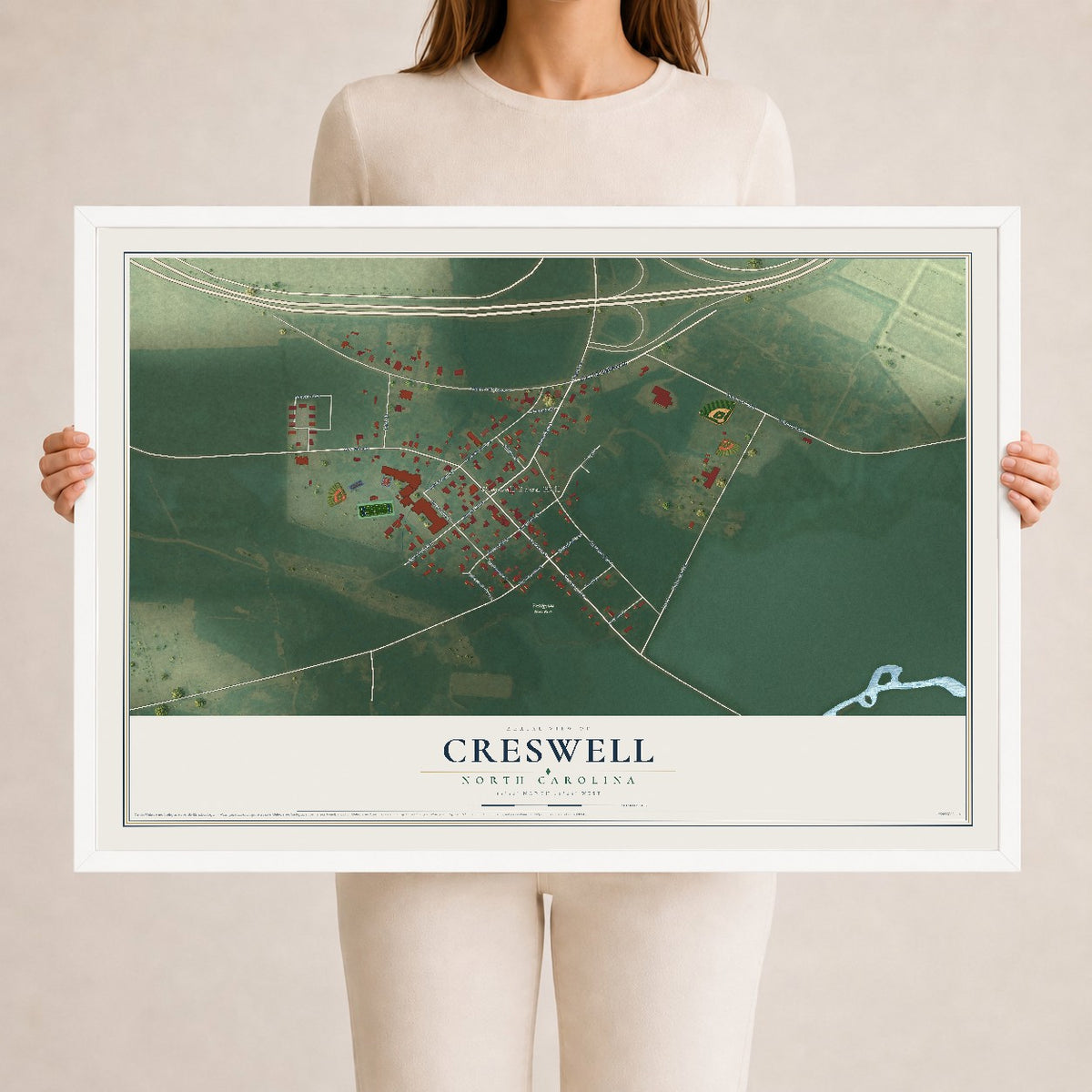 Map of Creswell, North Carolina, 24 x 36 inch print in a white wood frame