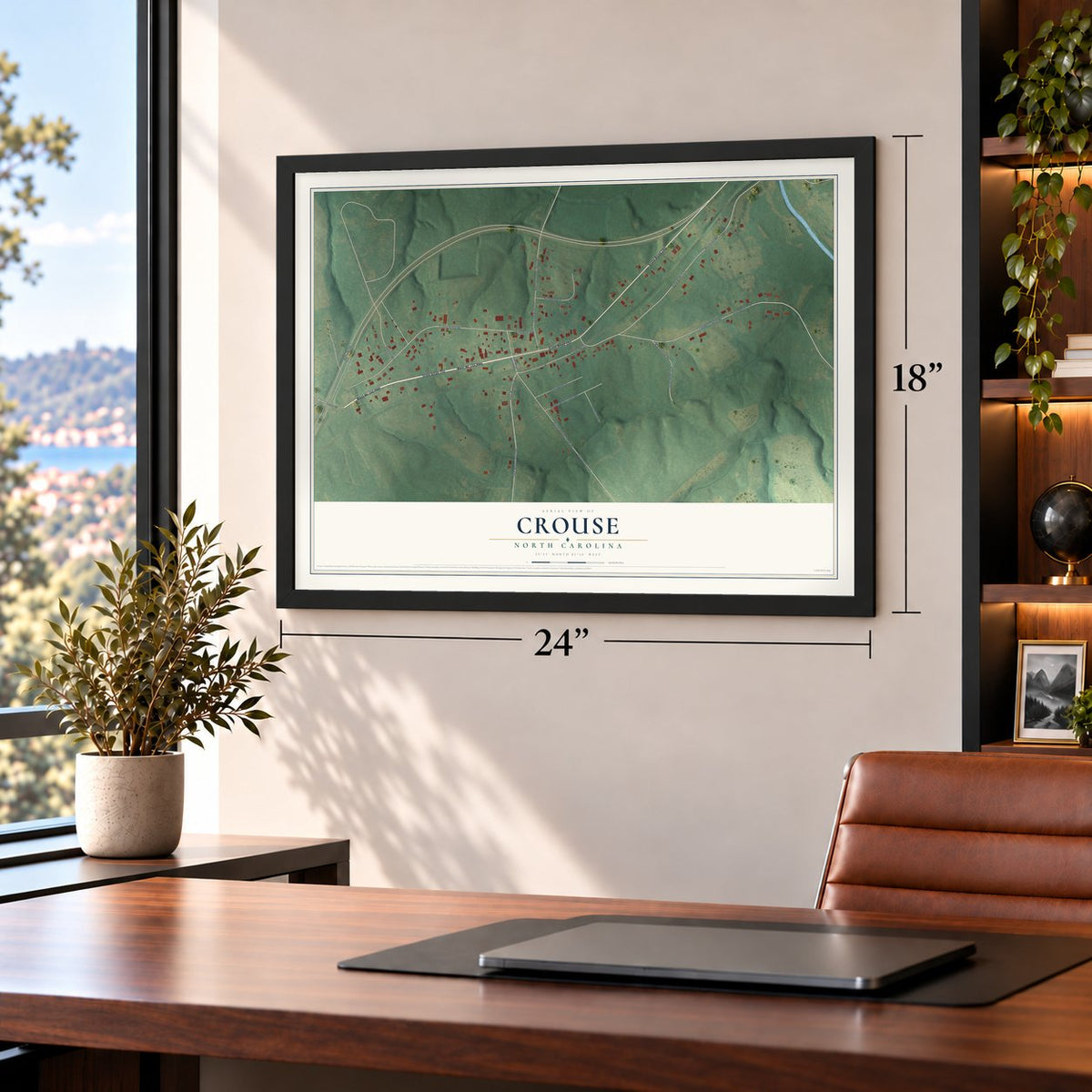 Crouse, North Carolina map, 18 x 24 inch print in a black frame in a home office