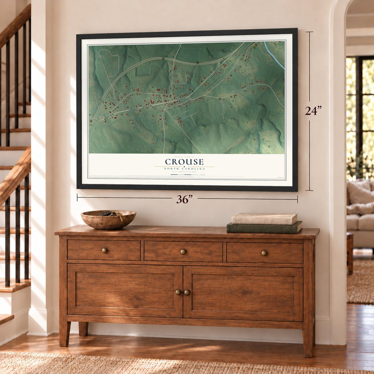 Crouse, North Carolina map, 24 x 36 inch print in a black frame above a dresser by a staircase