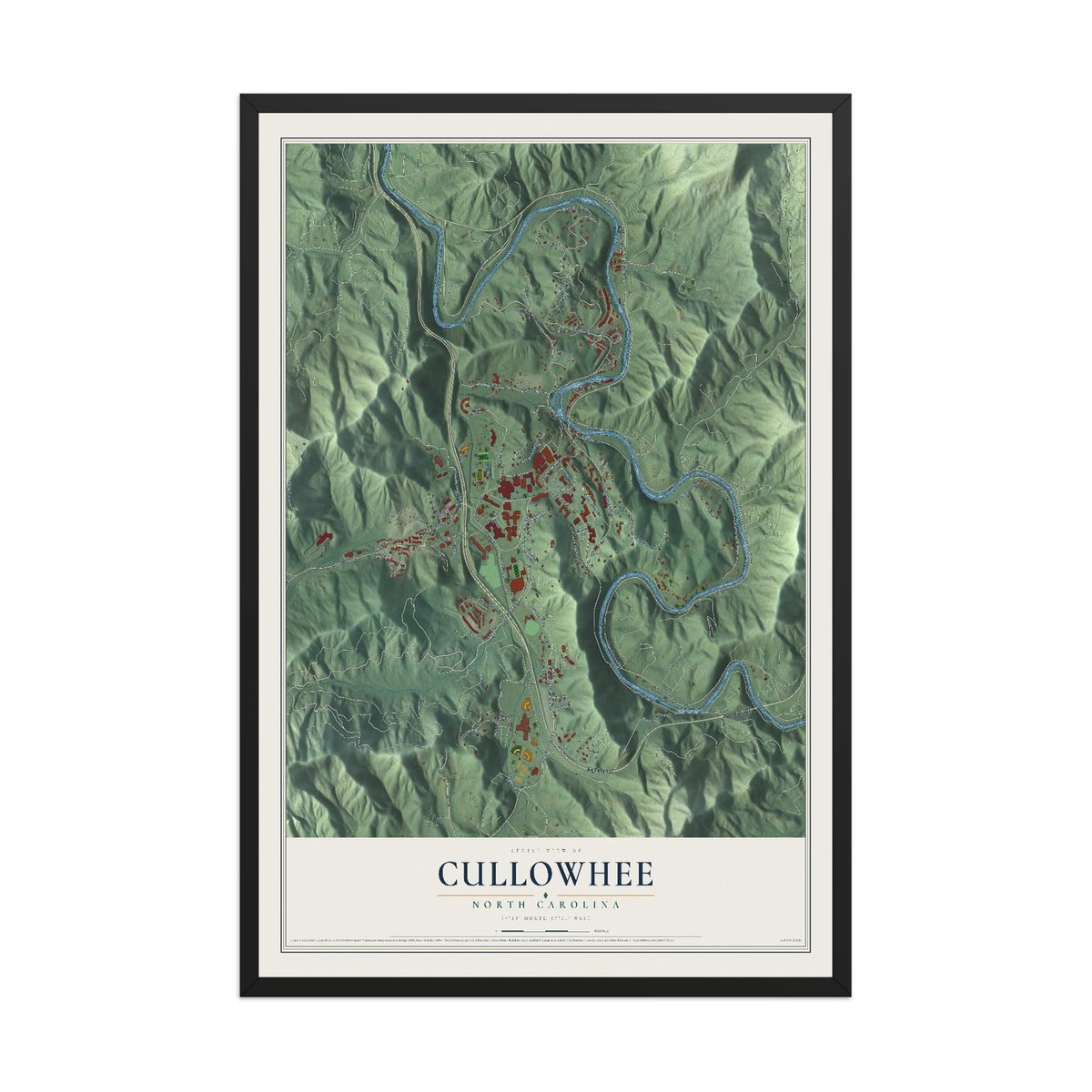 Map of Cullowhee, North Carolina, 12 x 18 inch print in a black wood frame
