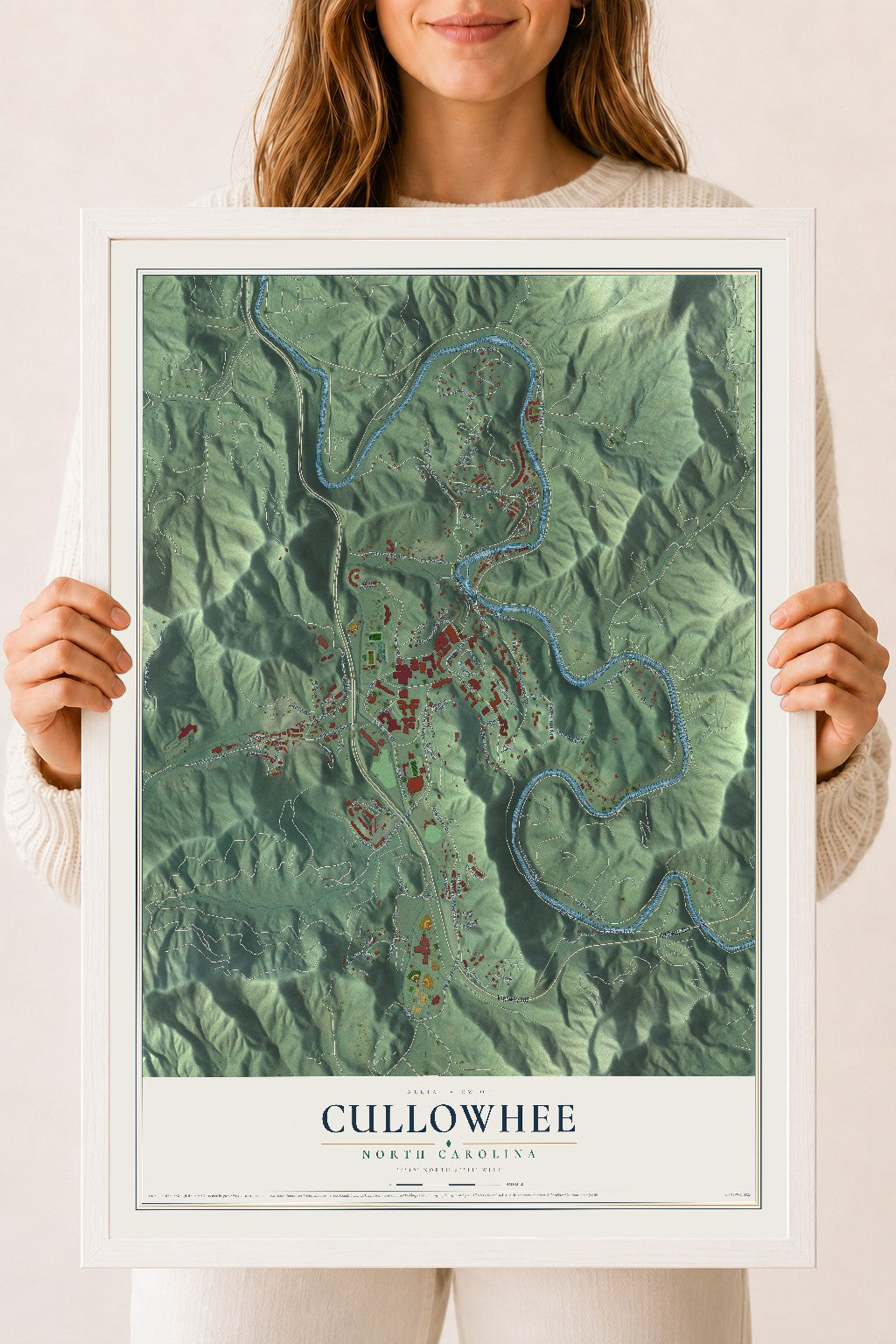 Map of Cullowhee, North Carolina, 18 x 24 inch print in a white wood frame
